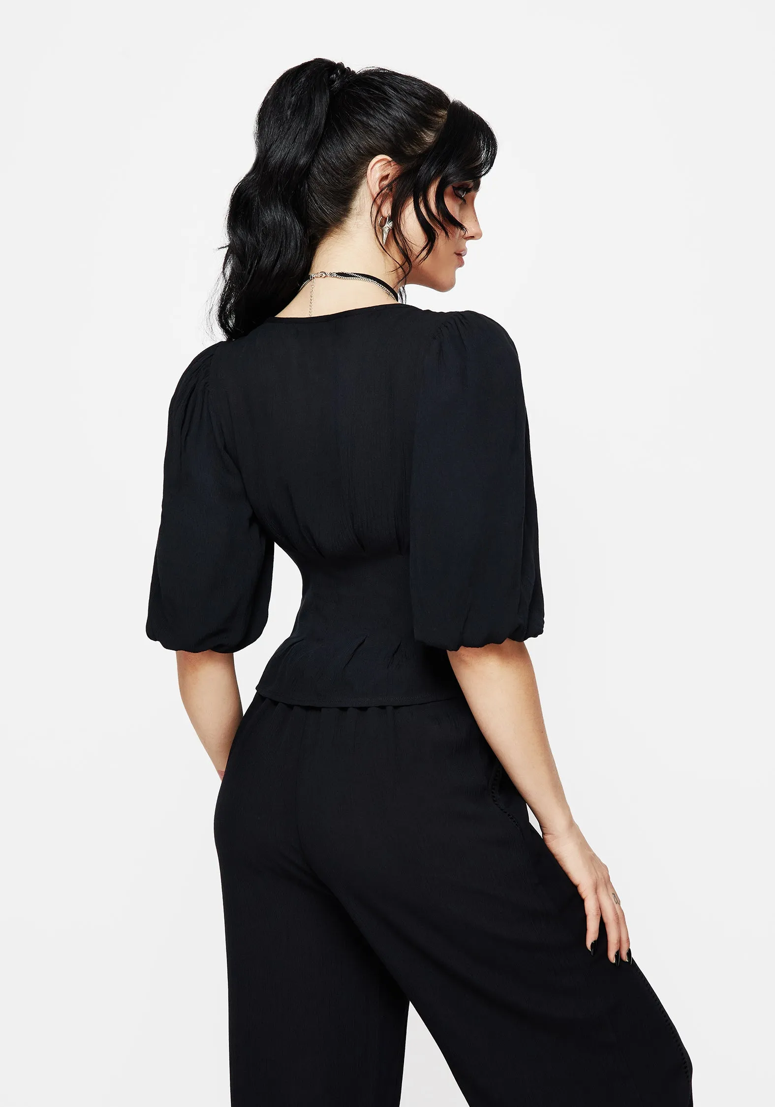 Blessing Lace Trim Tapered Waist Blouse Top No Slip Shoulder Grip