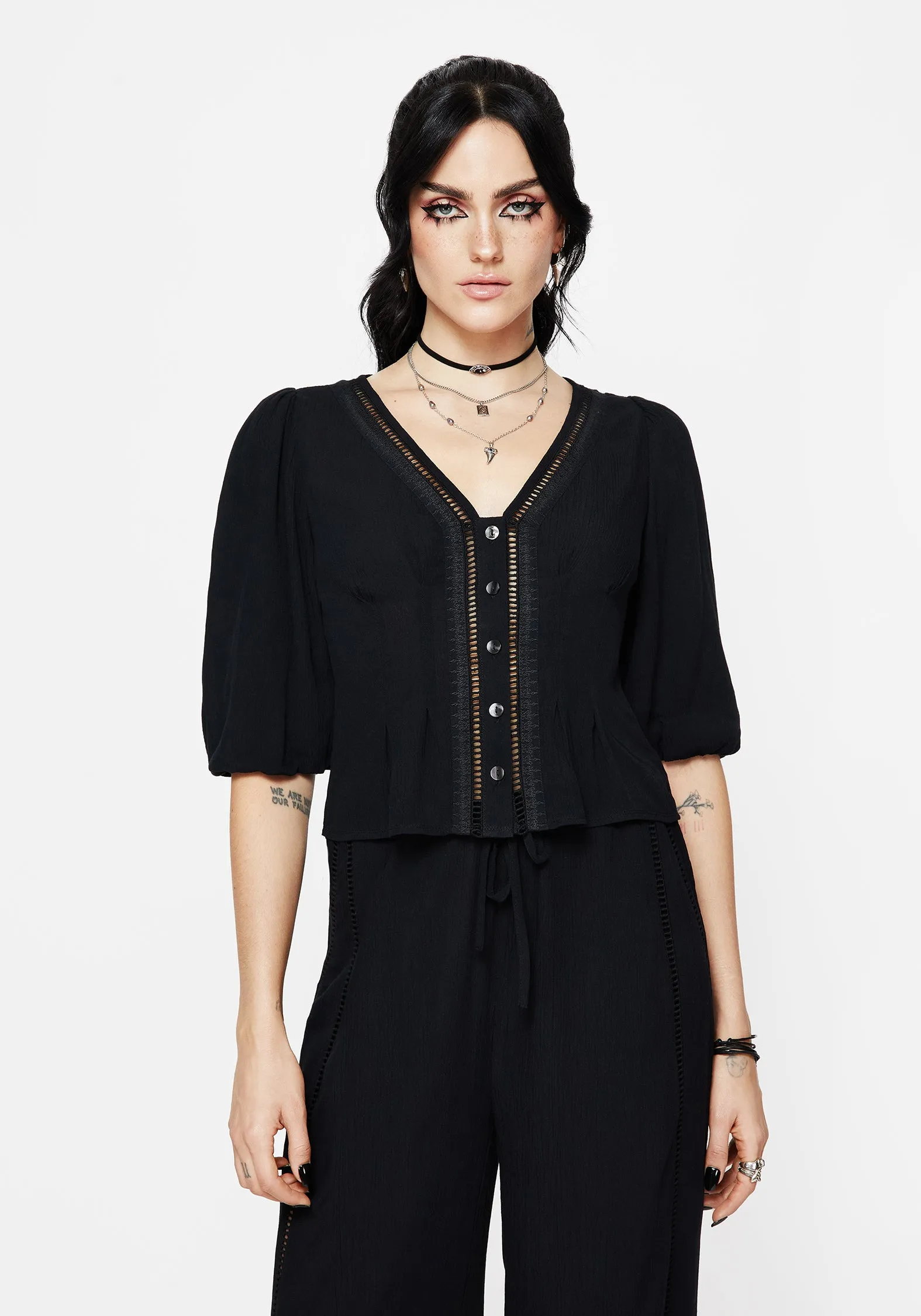 Short Sleeve Blessing Lace Trim Tapered Waist Blouse Top