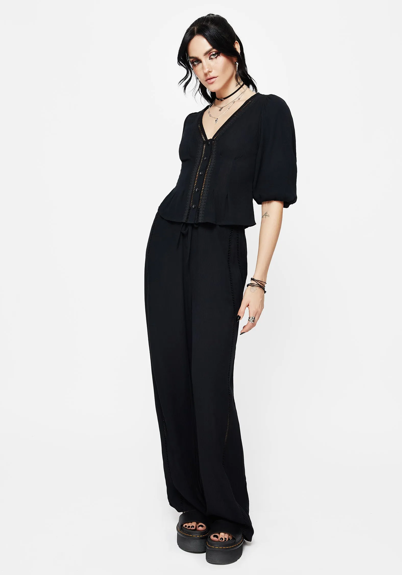 Pure Cotton Blessing Lace Trim Tapered Waist Blouse Top