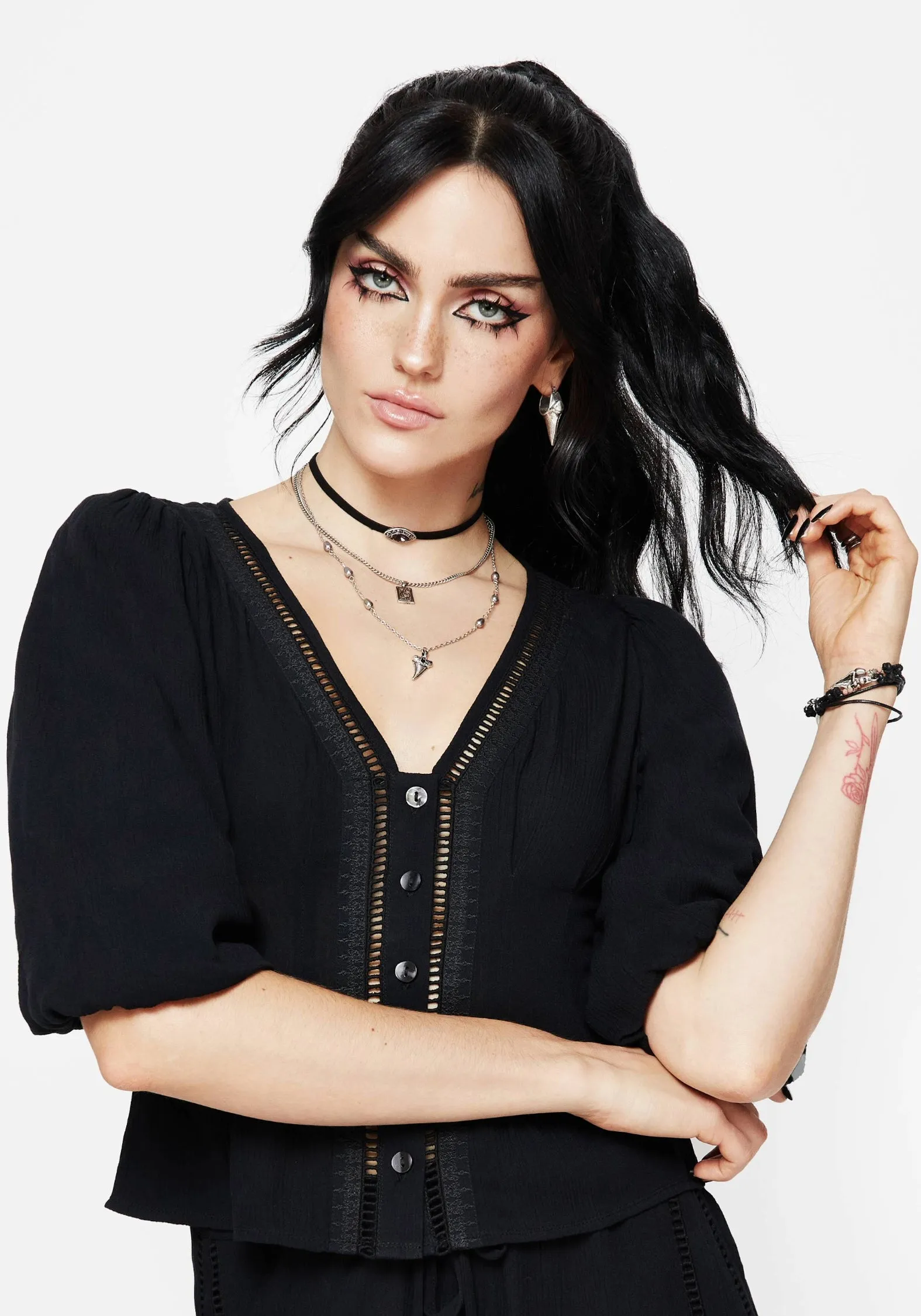 Resort Wear Sophisticated Elegance Blessing Lace Trim Tapered Waist Blouse Top