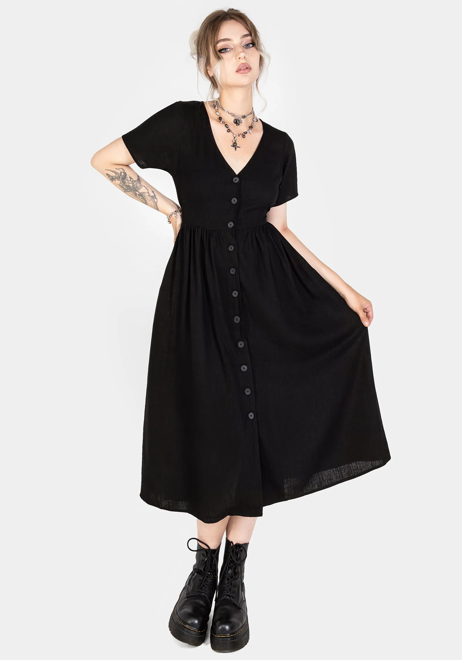 Rowan Linen Button Up Midi Dress Office Mood