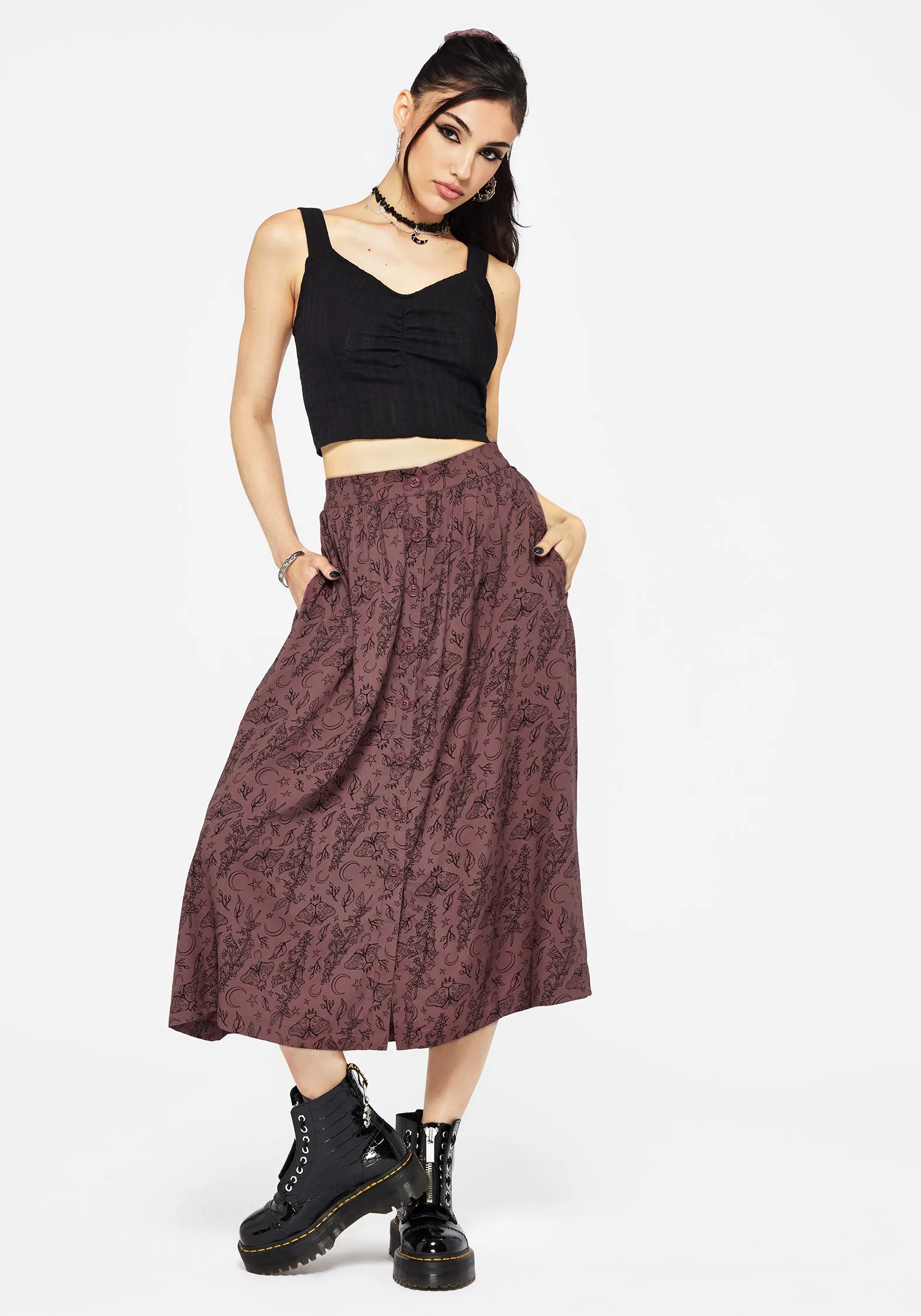 Roxana Moth Foxglove Button Down Midi Skirt Lightweight Travel Friendly