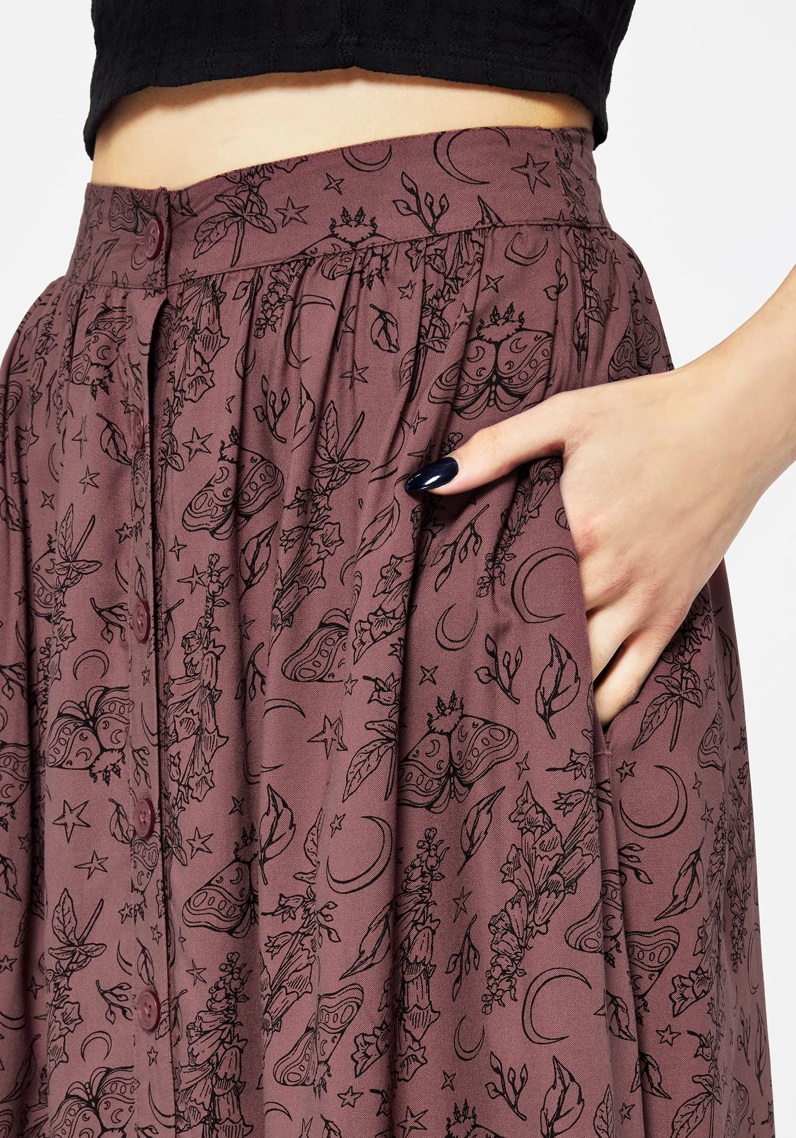 Roxana Moth Foxglove Button Down Midi Skirt Ventilated Panels Office Appropriate