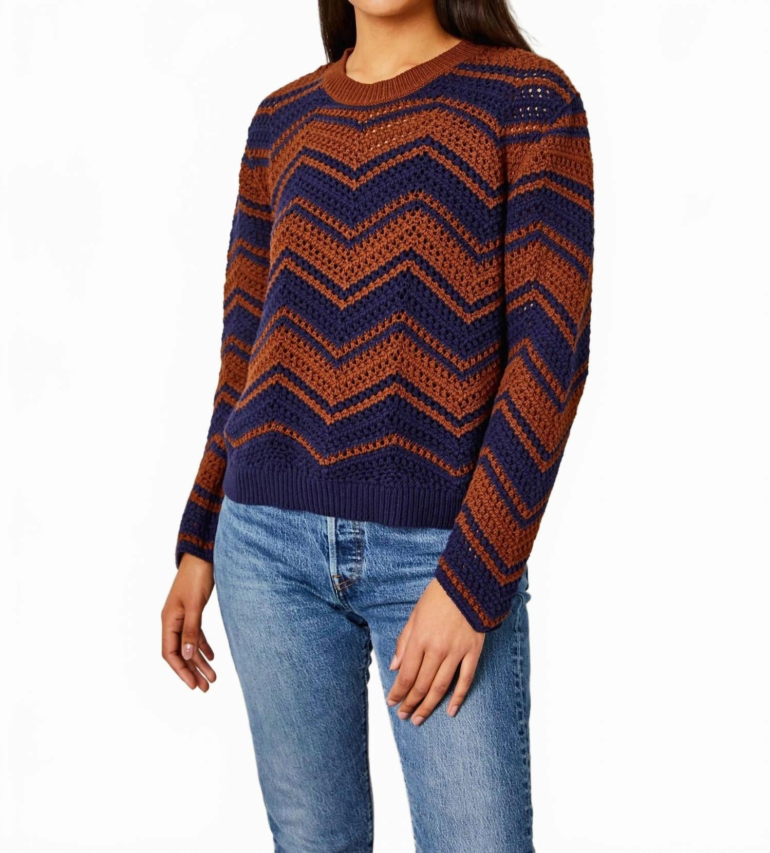 Ruby Cotton Sweater In Navy Multi Multipanel Construction Chilly Day Layers