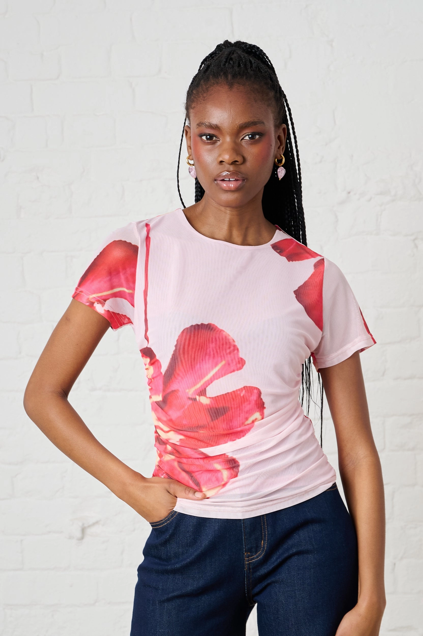 Ruched Mesh Top in Floral DurableReinforcement