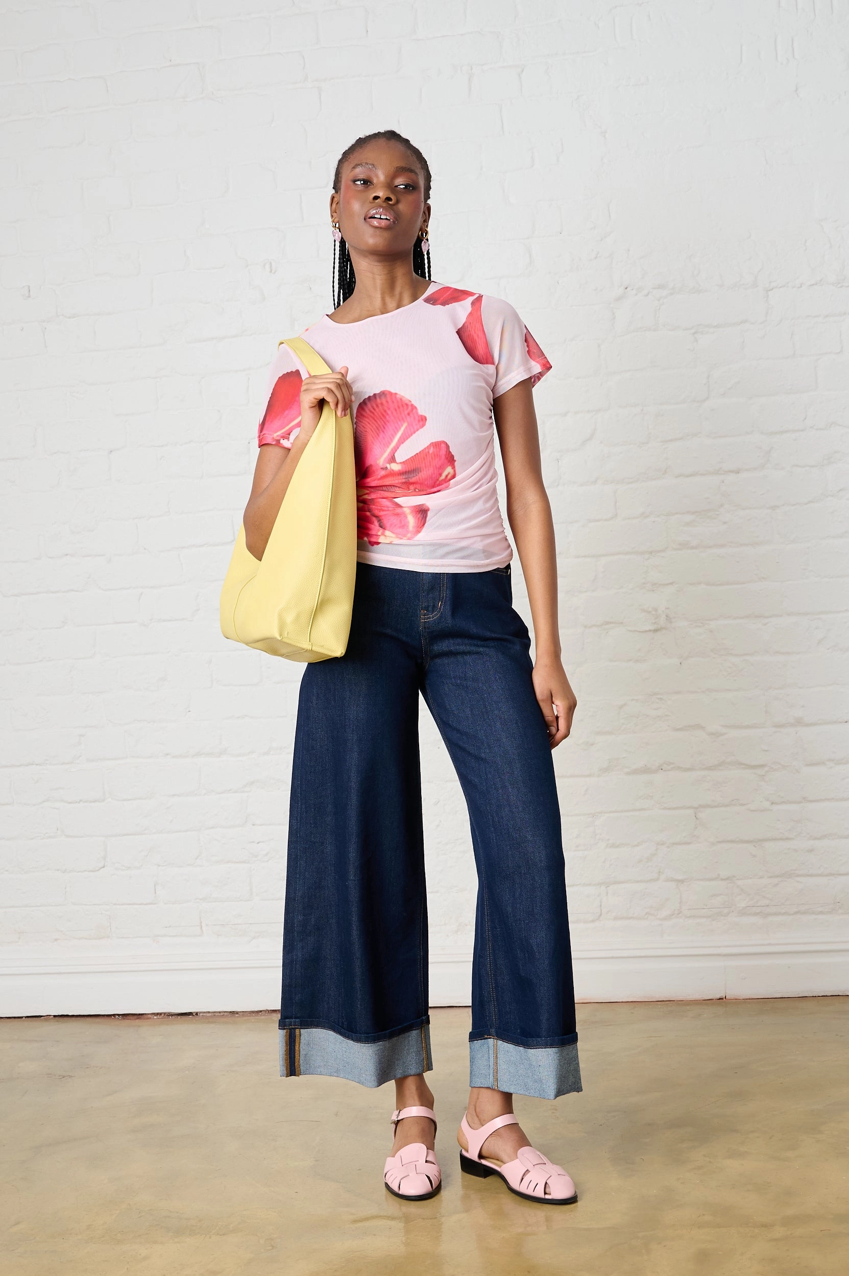 Recycled Material Blend Soft touch finish Ruched Mesh Top in Floral