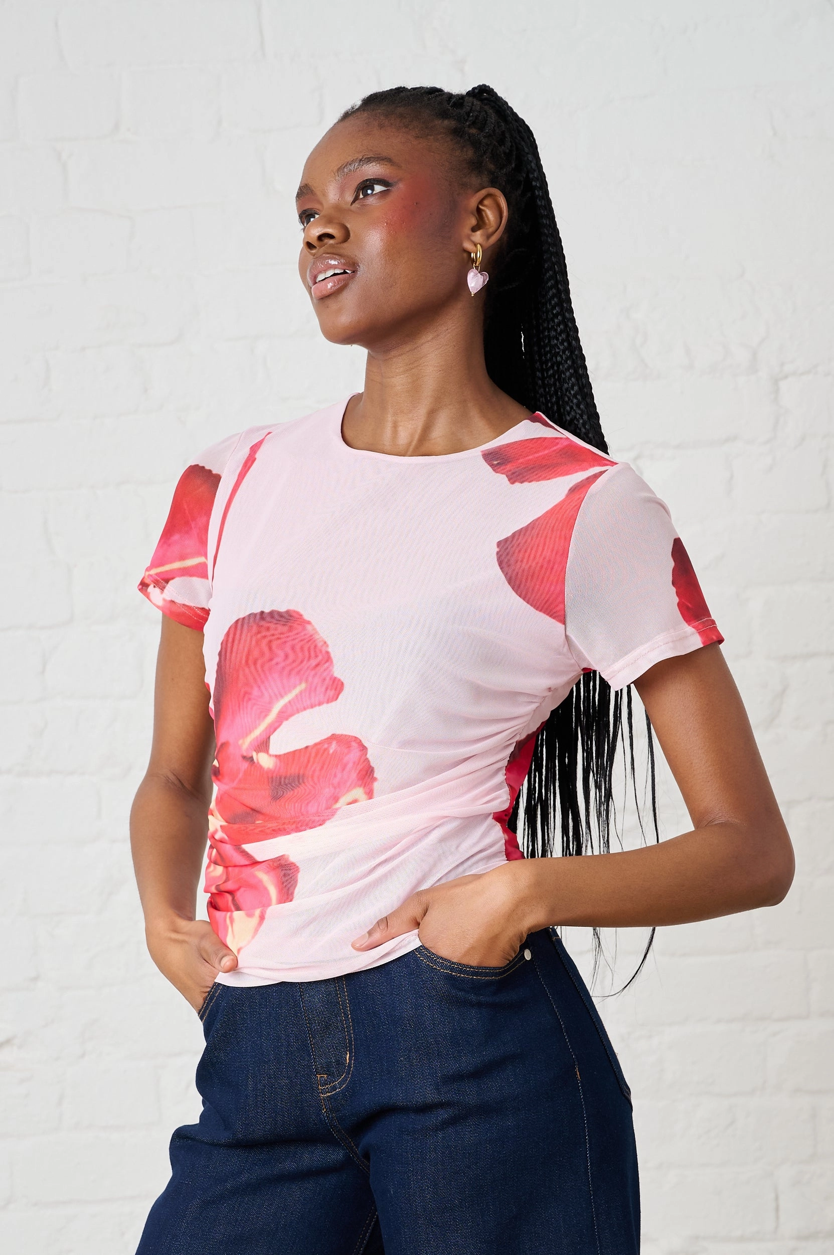 Ruched Mesh Top in Floral QuickDryConstruction Comfortable Cotton