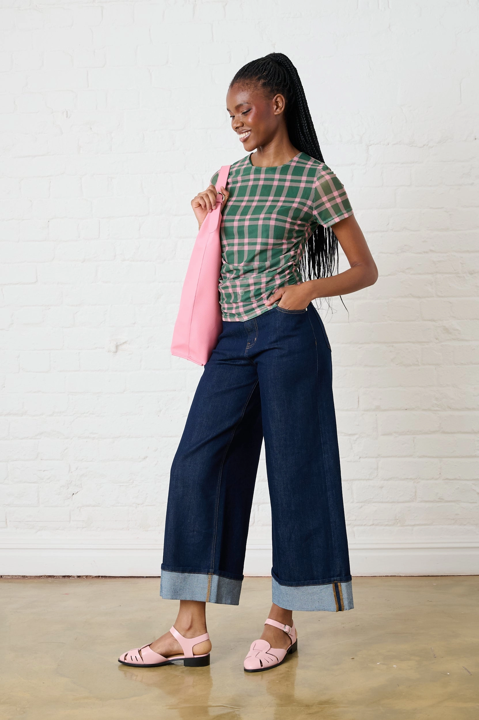 Interlock Stitching ResilientStretch Ruched Mesh Top in Green/Pink Check