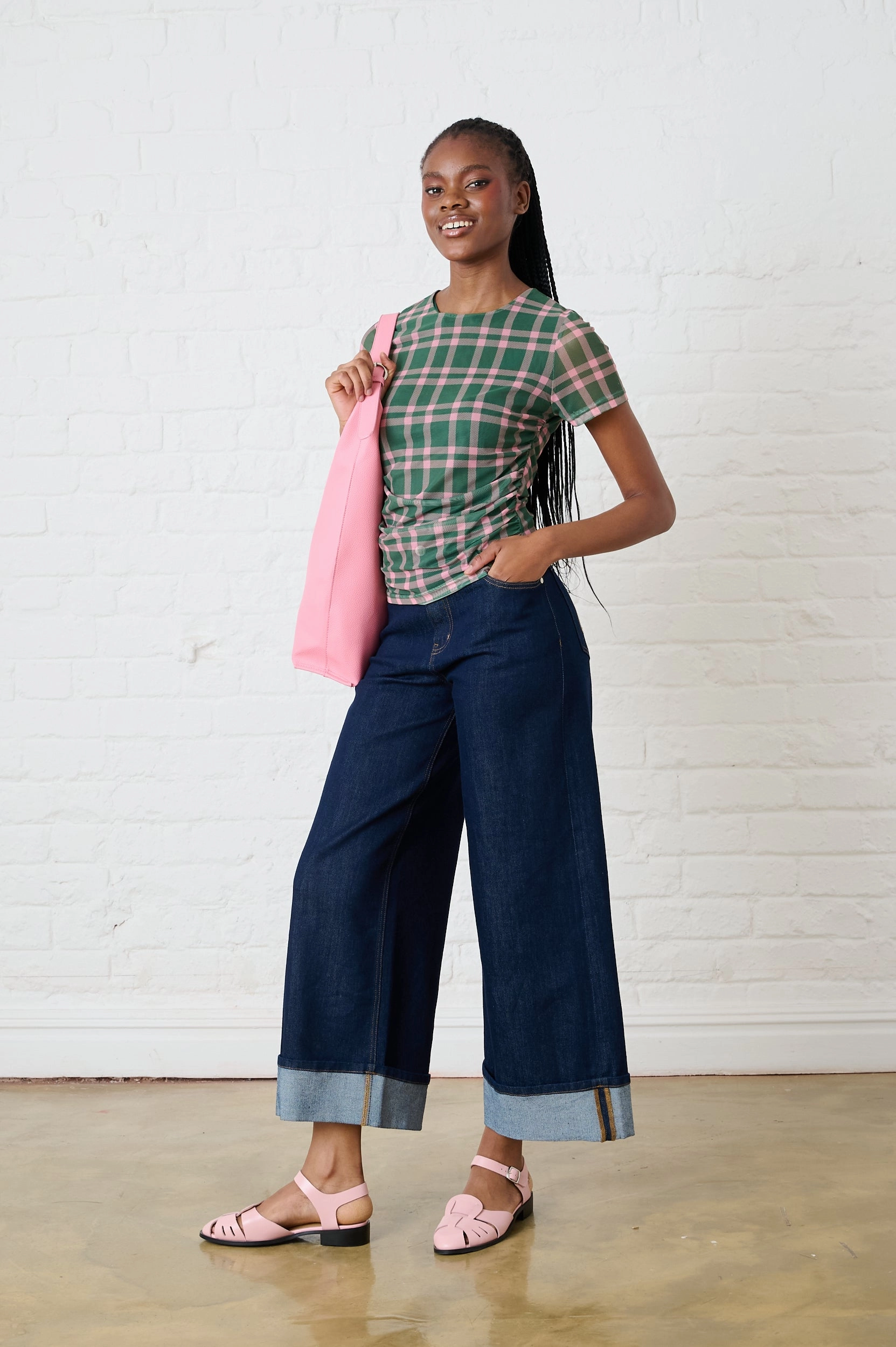 Ruched Mesh Top in Green/Pink Check Sport Top