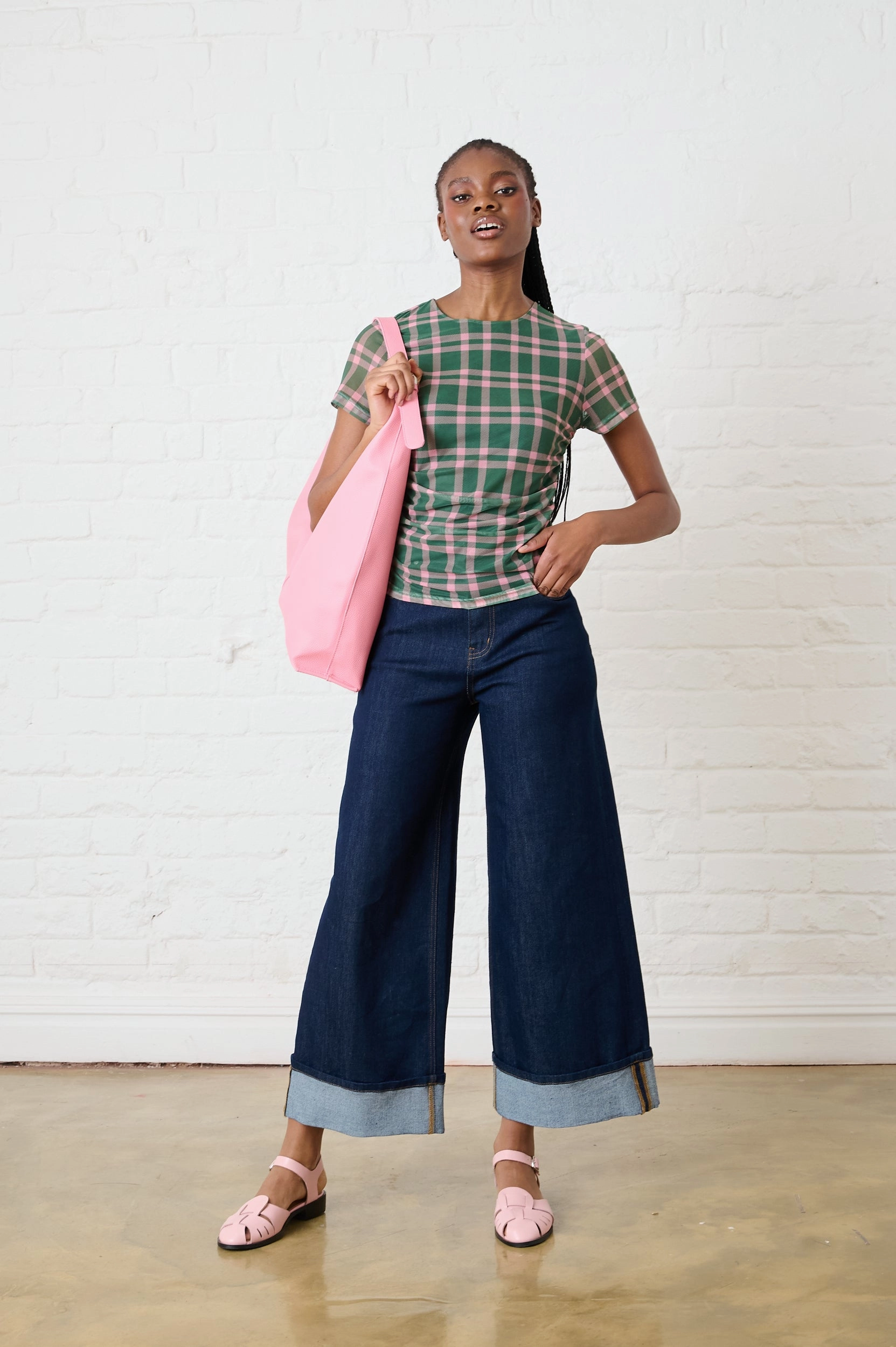 Moisture Control Lining Ruched Mesh Top in Green/Pink Check