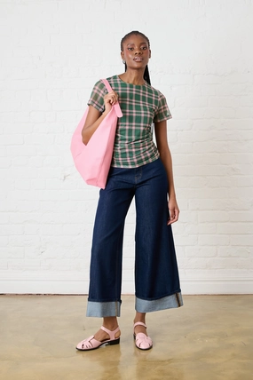 Durable Double Stitching Anti Odor Treatment Ruched Mesh Top in Green/Pink Check