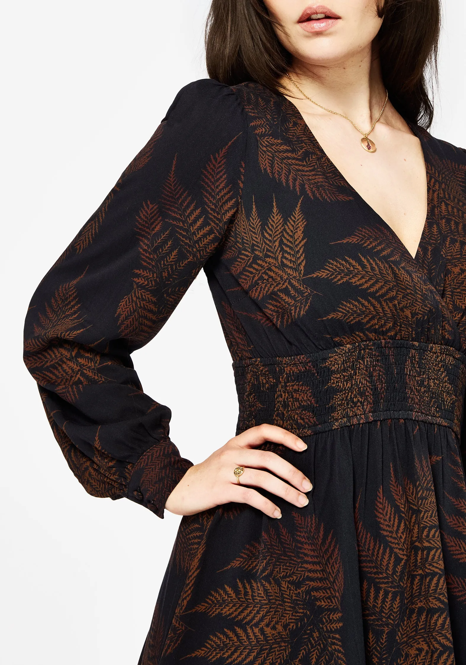 Fashion-Forward Evening Classic Ruin Fern Printed Mini Dress - Brown