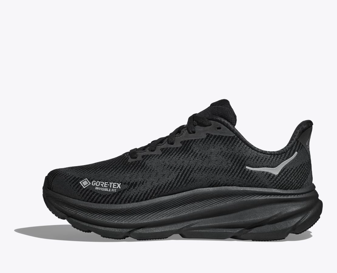 Men's Clifton 9 GORE-TEX Running Shoes Black / Black Anti Slip Traction Molded Heel Cradle