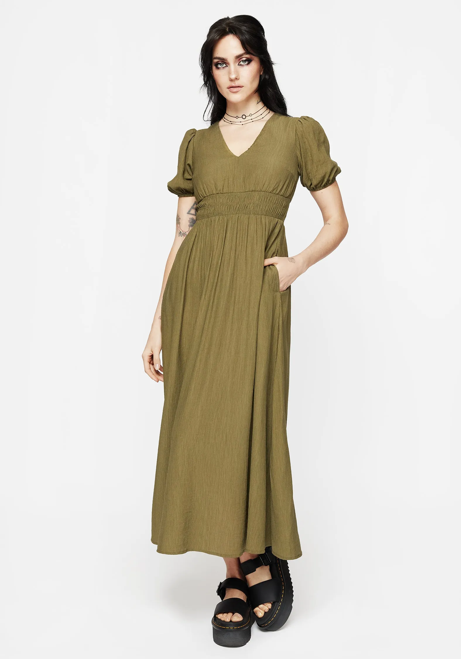 Tryphena Shirred V Neck Midaxi Dress Easy Comfort Travel Edge