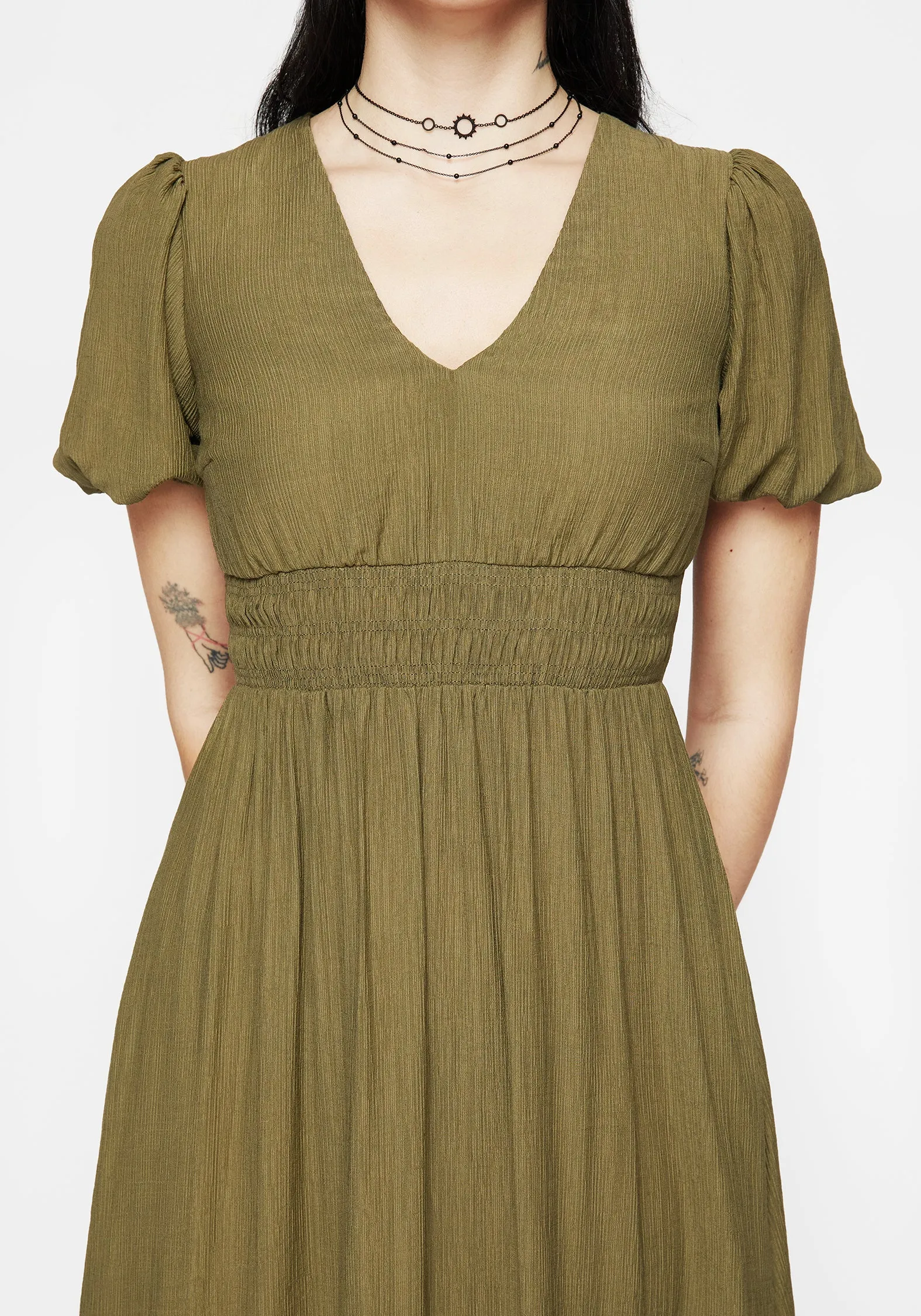 Soft color Tryphena Shirred V Neck Midaxi Dress