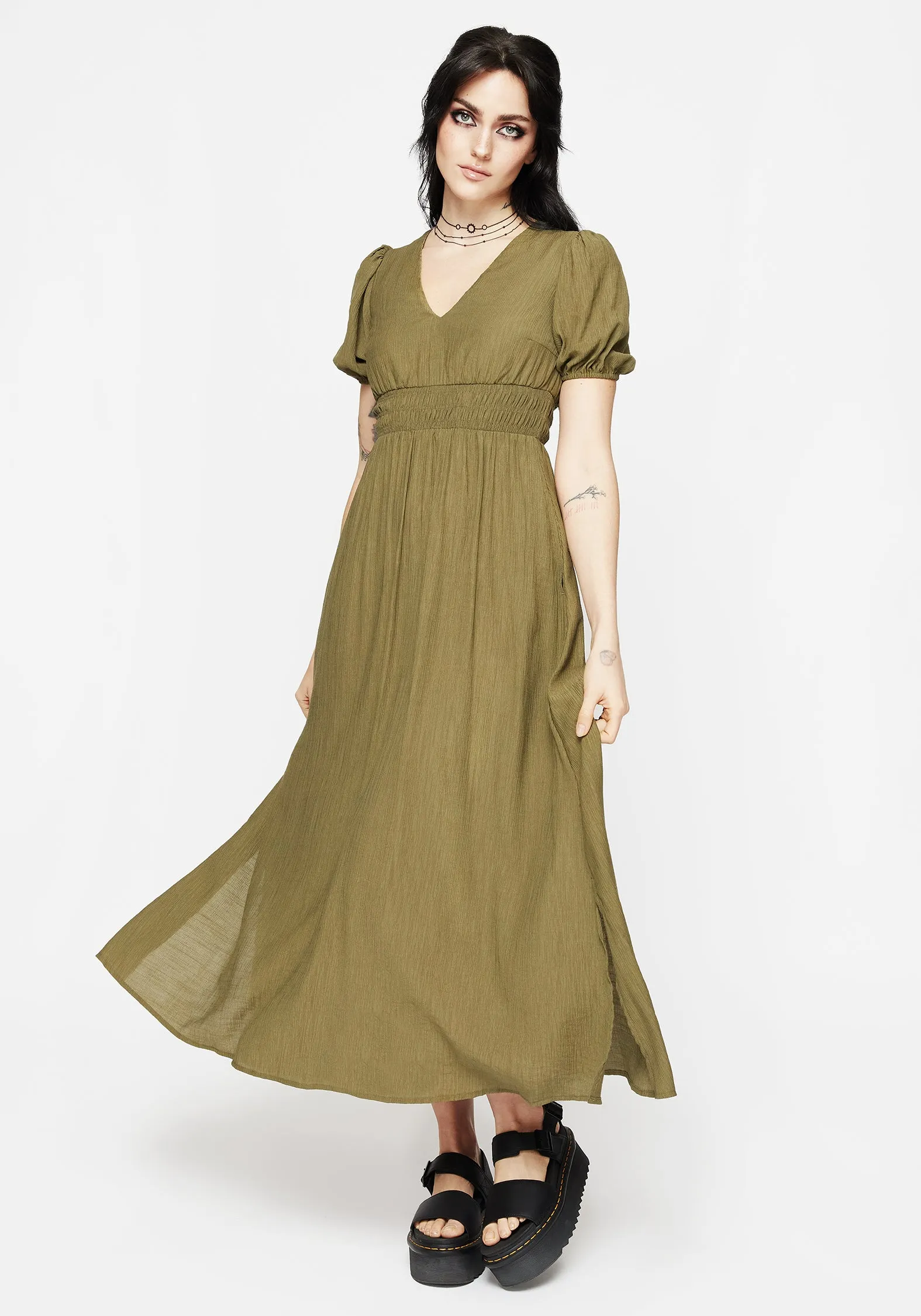 Daily Essential Tryphena Shirred V Neck Midaxi Dress