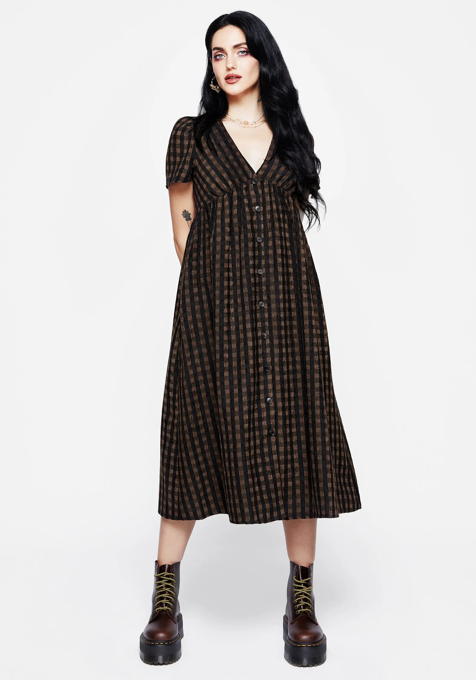 Zip Ease Rydal Check Button Up Midi Dress - Brown