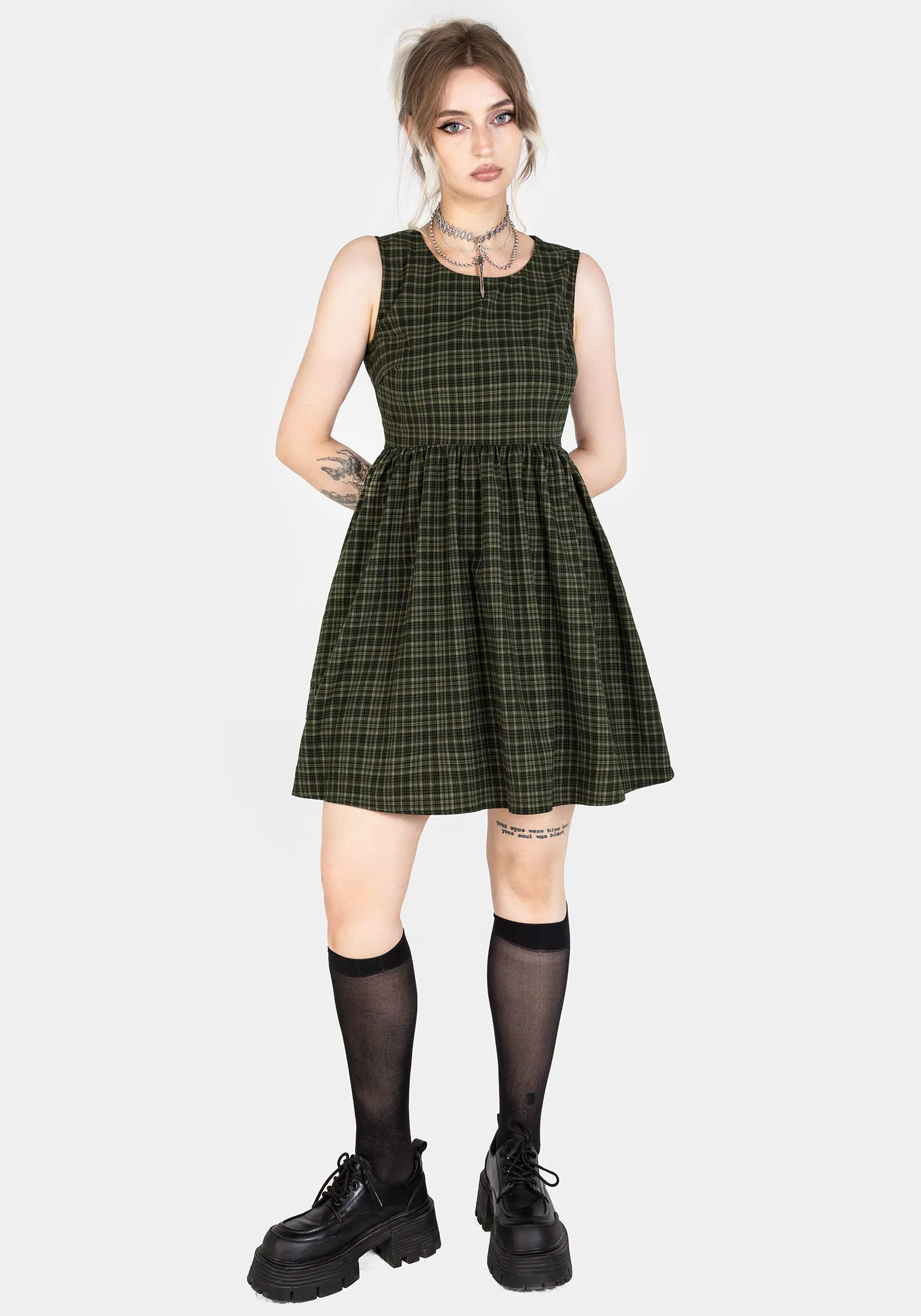 Sabine Check Mini Skater Dress Embroidered-Sleeve Draped-Style