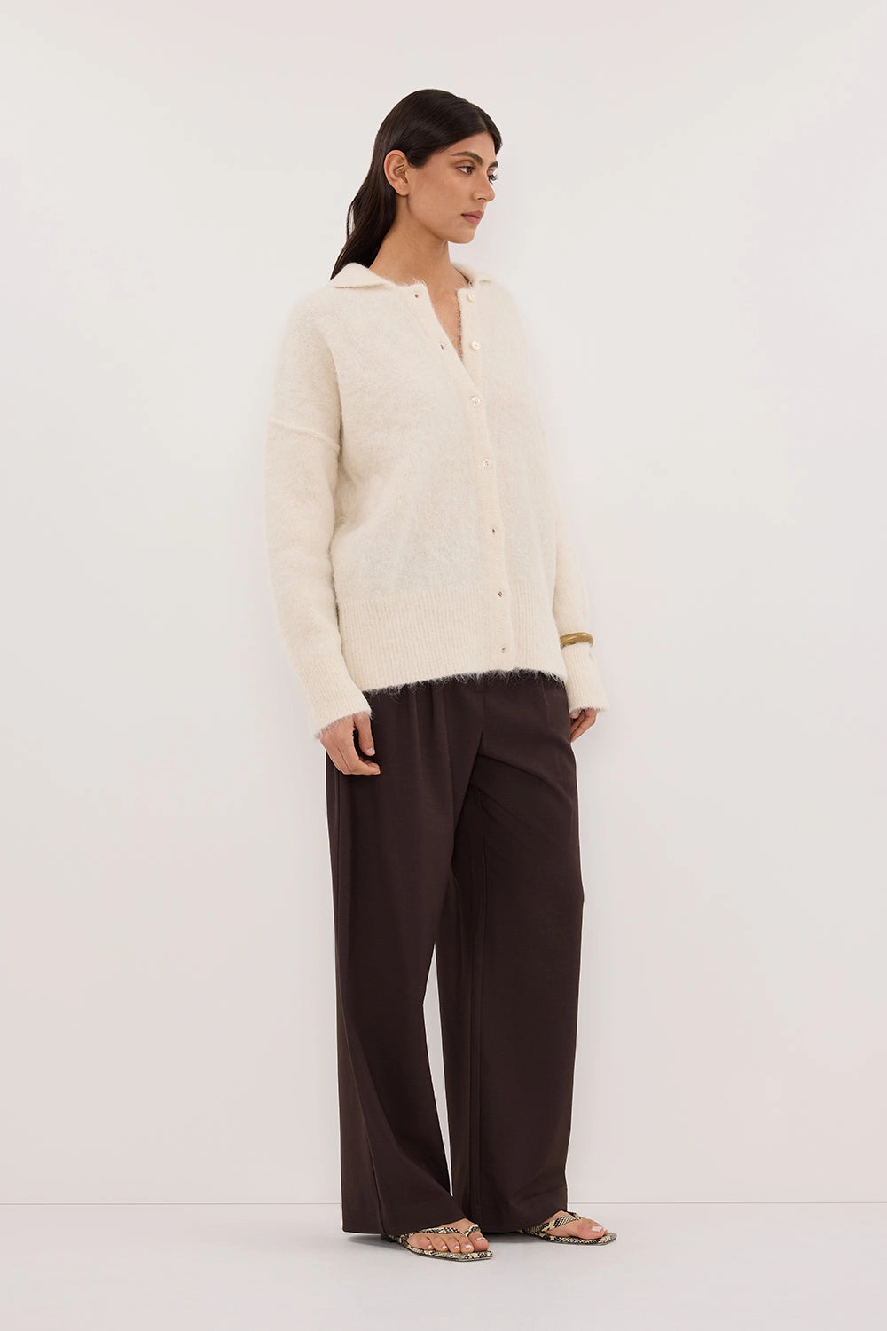 Seasonal Warmth Long Lasting Elasticity SALMA IVORY POLO NECK KNIT CARDIGAN