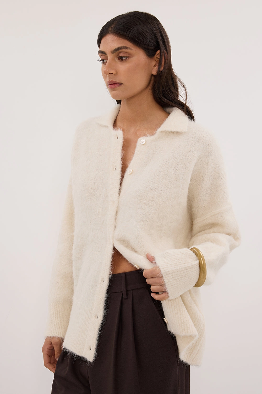 SALMA IVORY POLO NECK KNIT CARDIGAN Microfiber Insulation