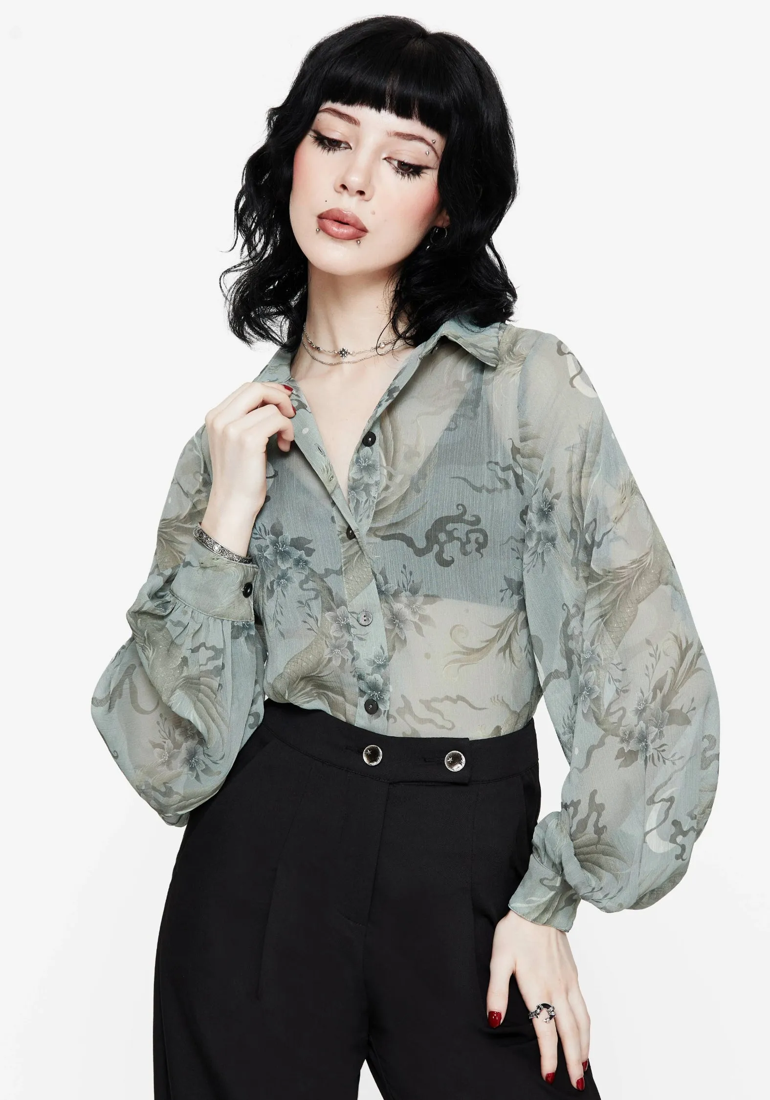 Streamlined Design Sapphira Dragon Print Button Up Shirt