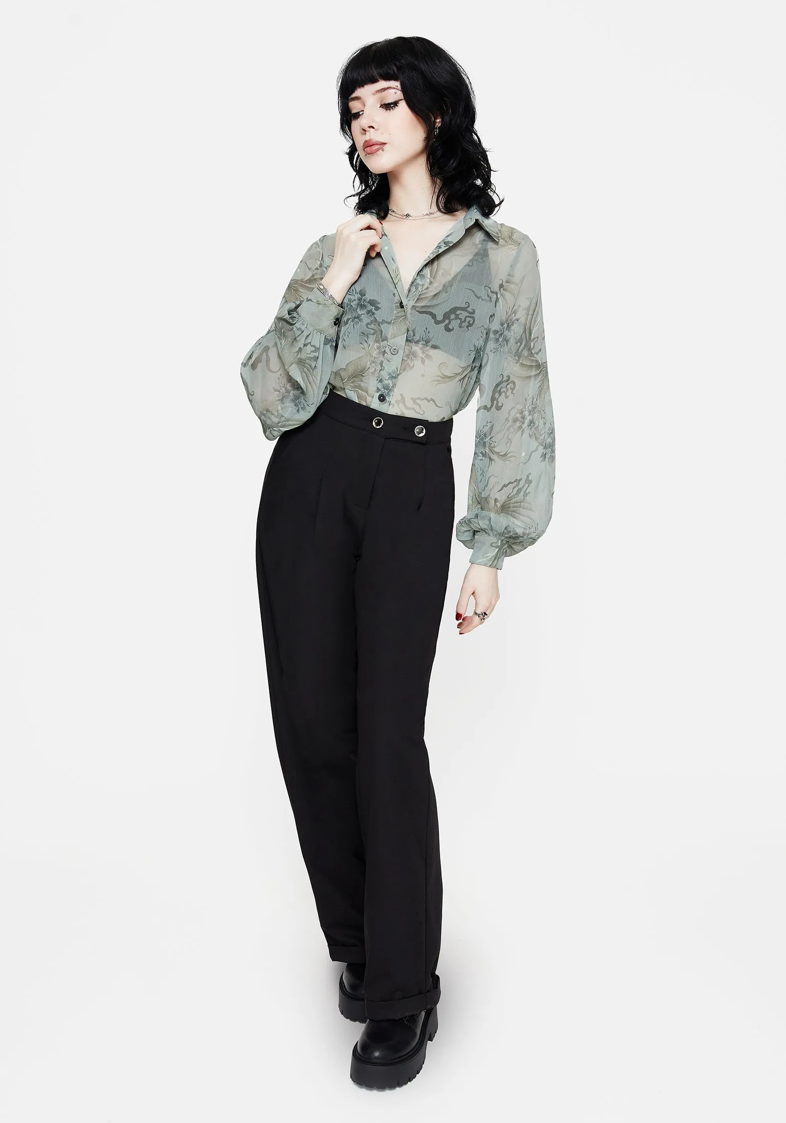 Sapphira Dragon Print Button Up Shirt Gym Appropriate elegant design