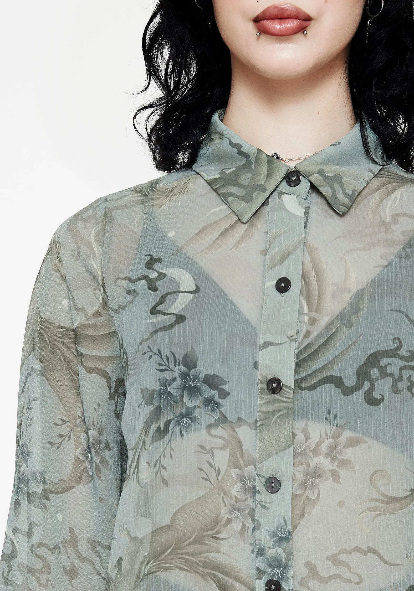 Sapphira Dragon Print Button Up Shirt Bold Hue Comfort First Fit