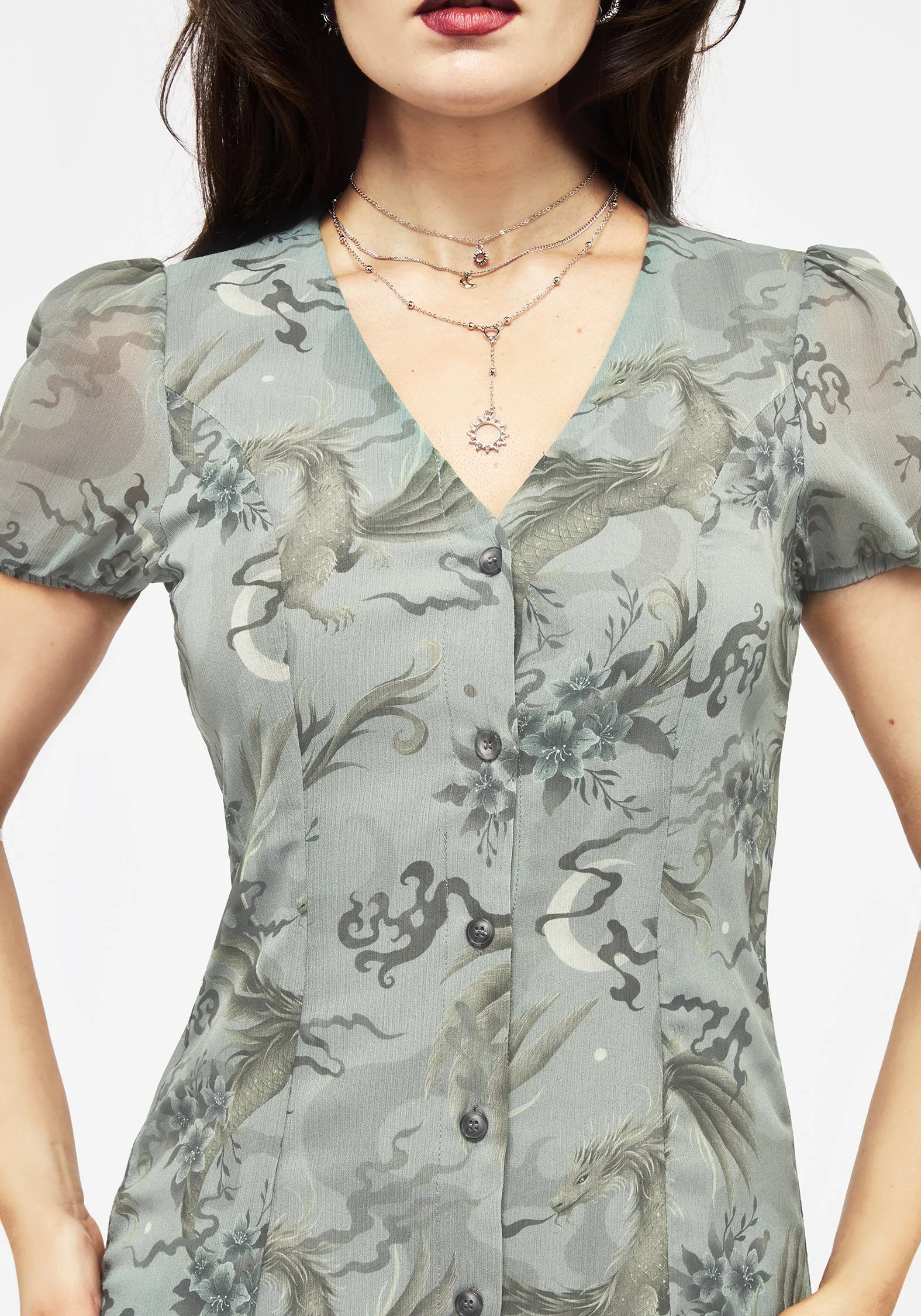 Statement Mood Sapphira Dragon Print Chiffon Button Up Midi Dress