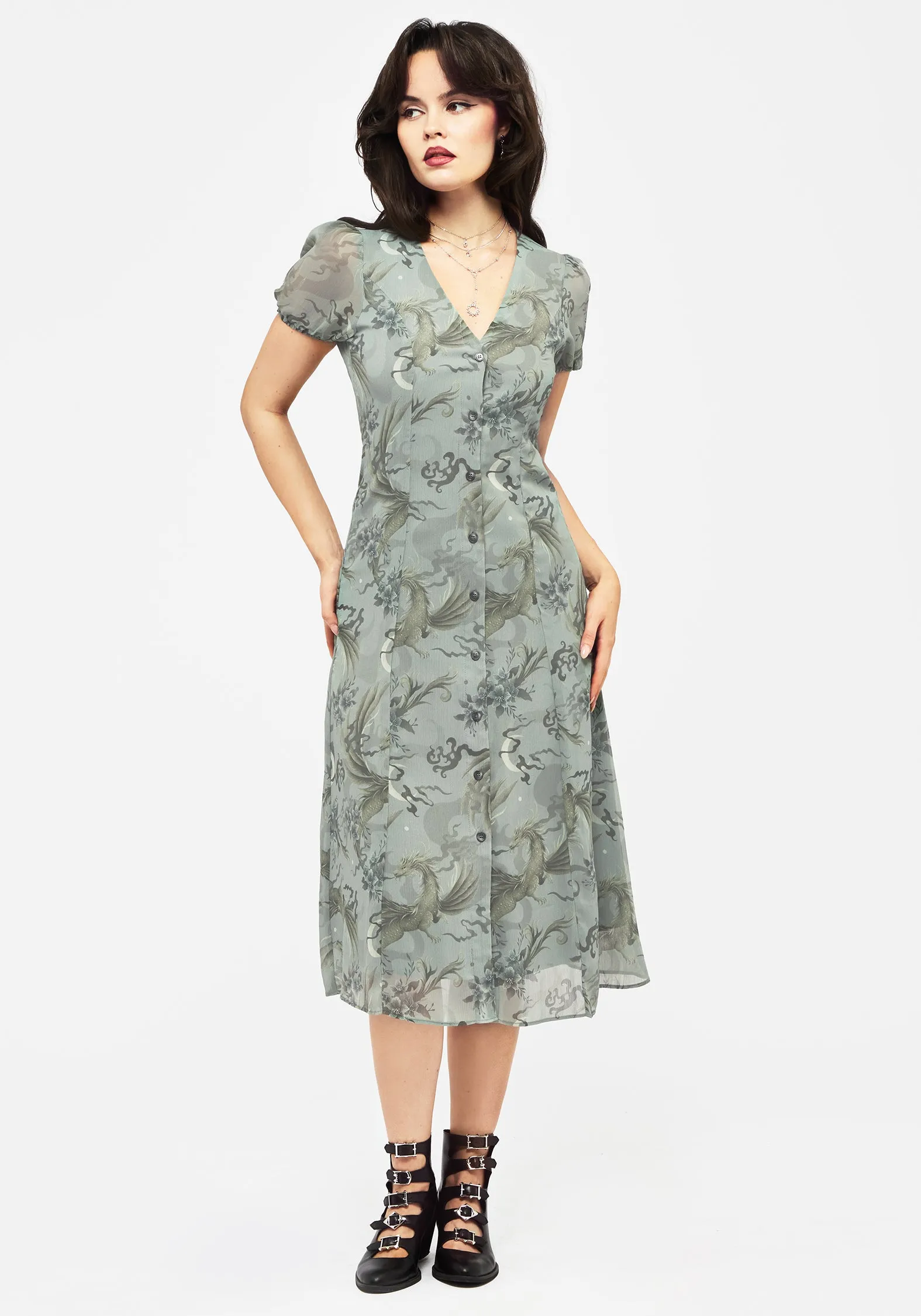 Sapphira Dragon Print Chiffon Button Up Midi Dress Silk Shine Smooth Texture