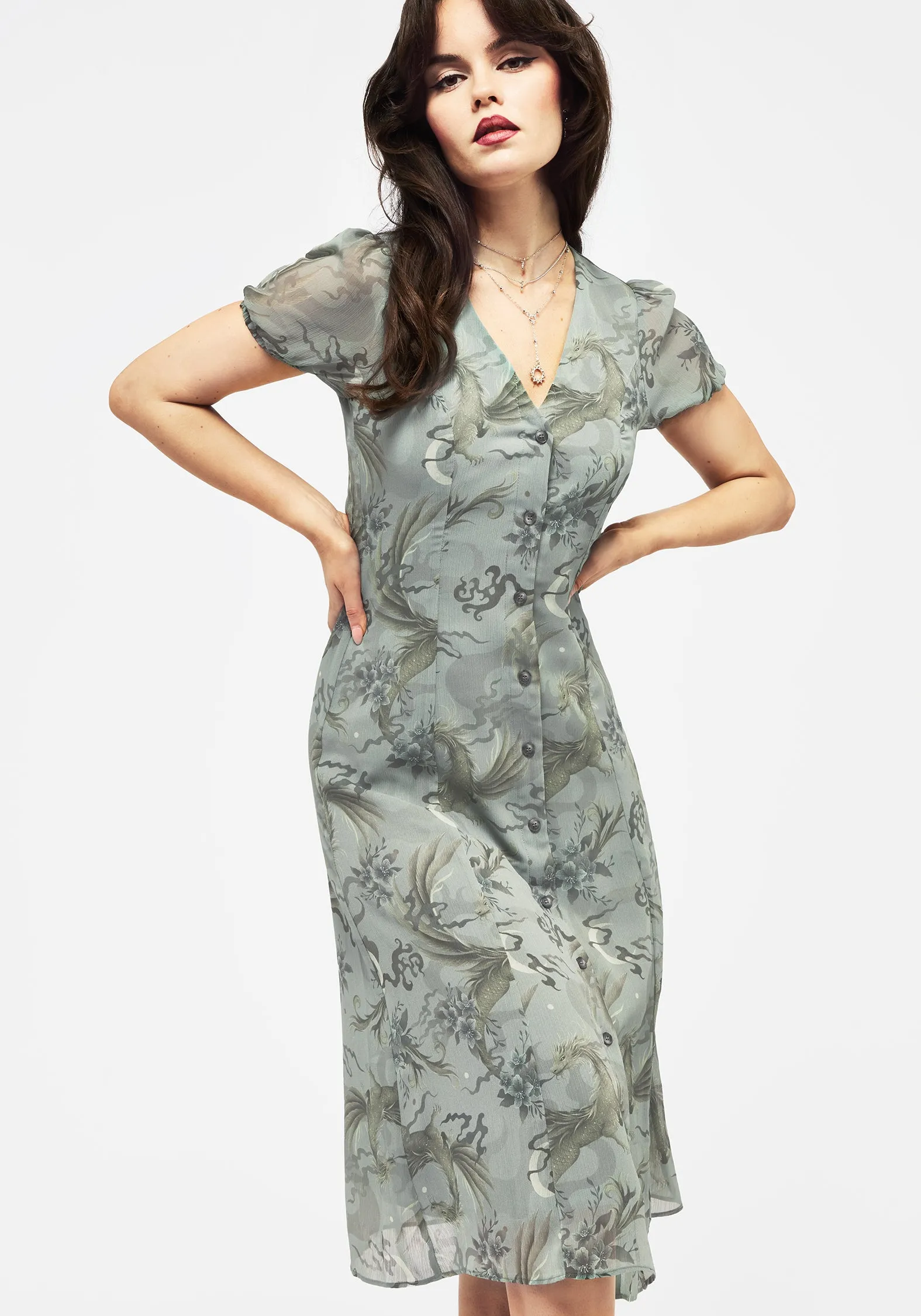 New York Quick-Dry Sapphira Dragon Print Chiffon Button Up Midi Dress