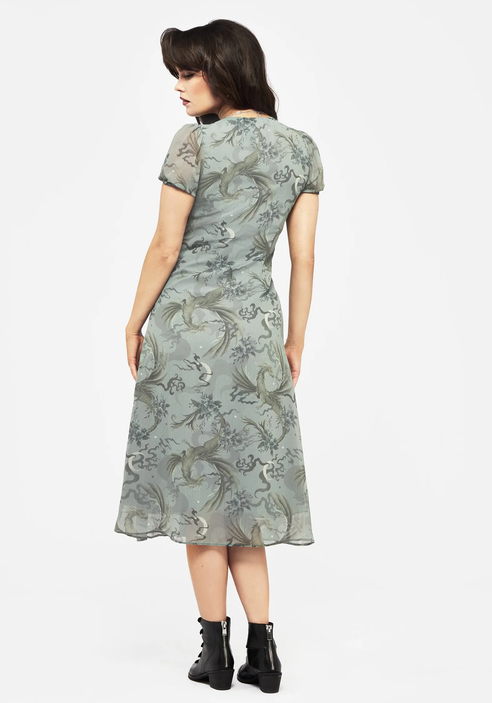 Sleek Texture Sapphira Dragon Print Chiffon Button Up Midi Dress