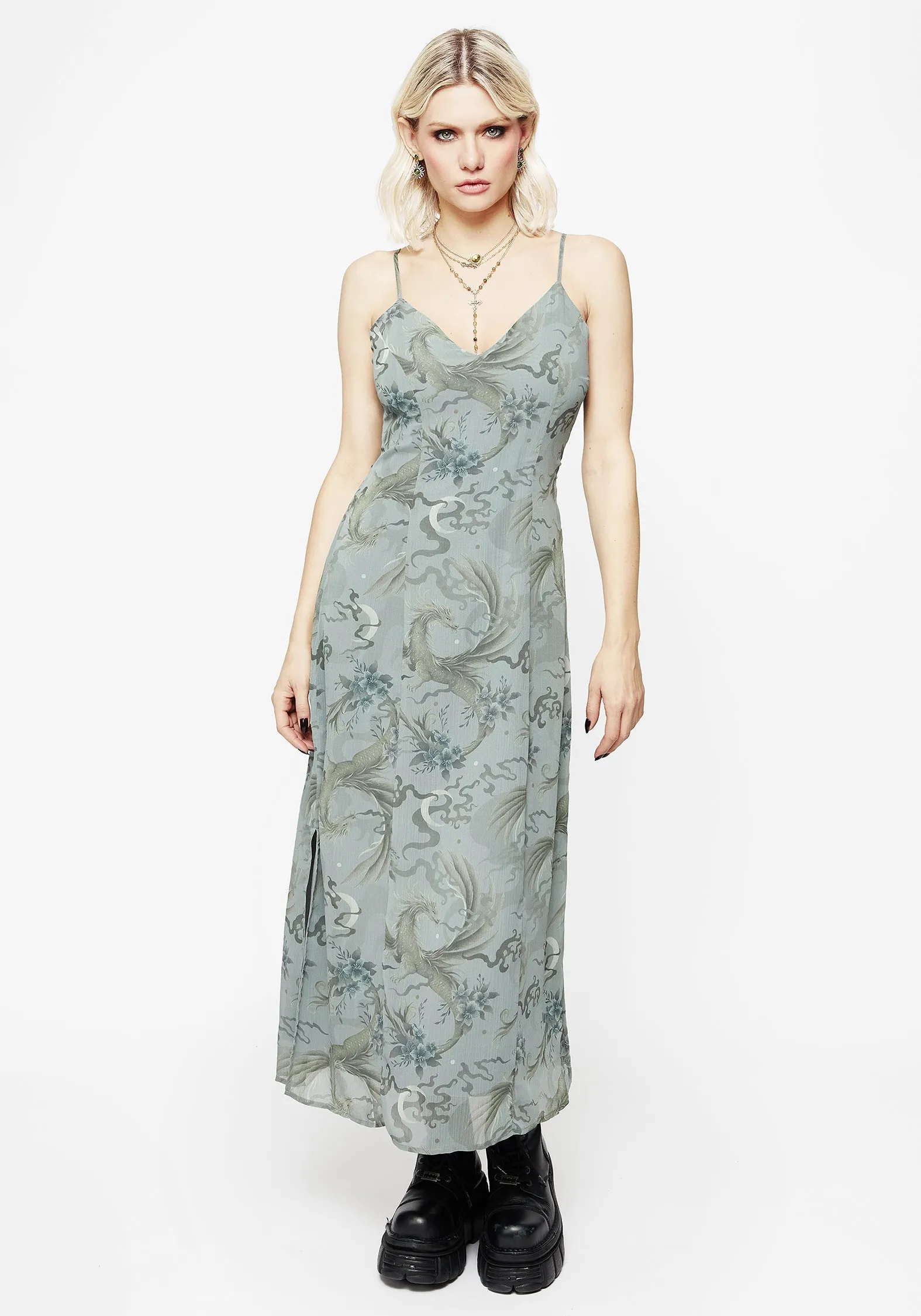 Exclusive-Design Sapphira Dragon Print Chiffon Midaxi Slip Dress