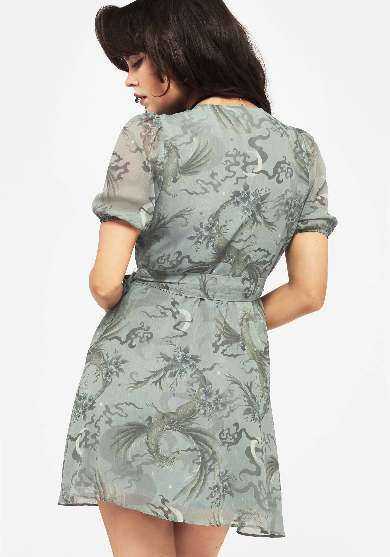 Sapphira Dragon Print Chiffon Mini Wrap Dress Office Cool Fit Choice