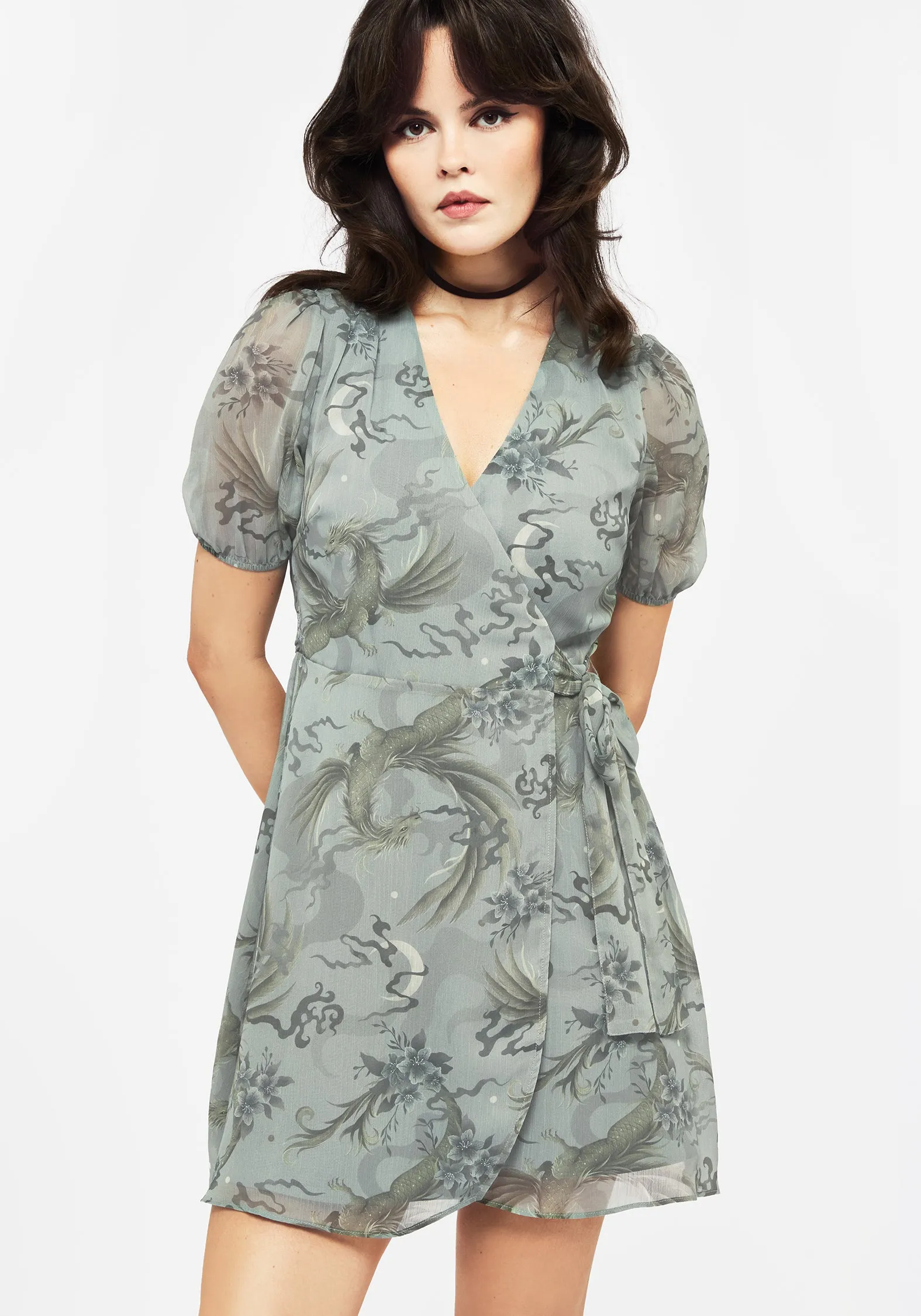 Sapphira Dragon Print Chiffon Mini Wrap Dress Maternity-Fit