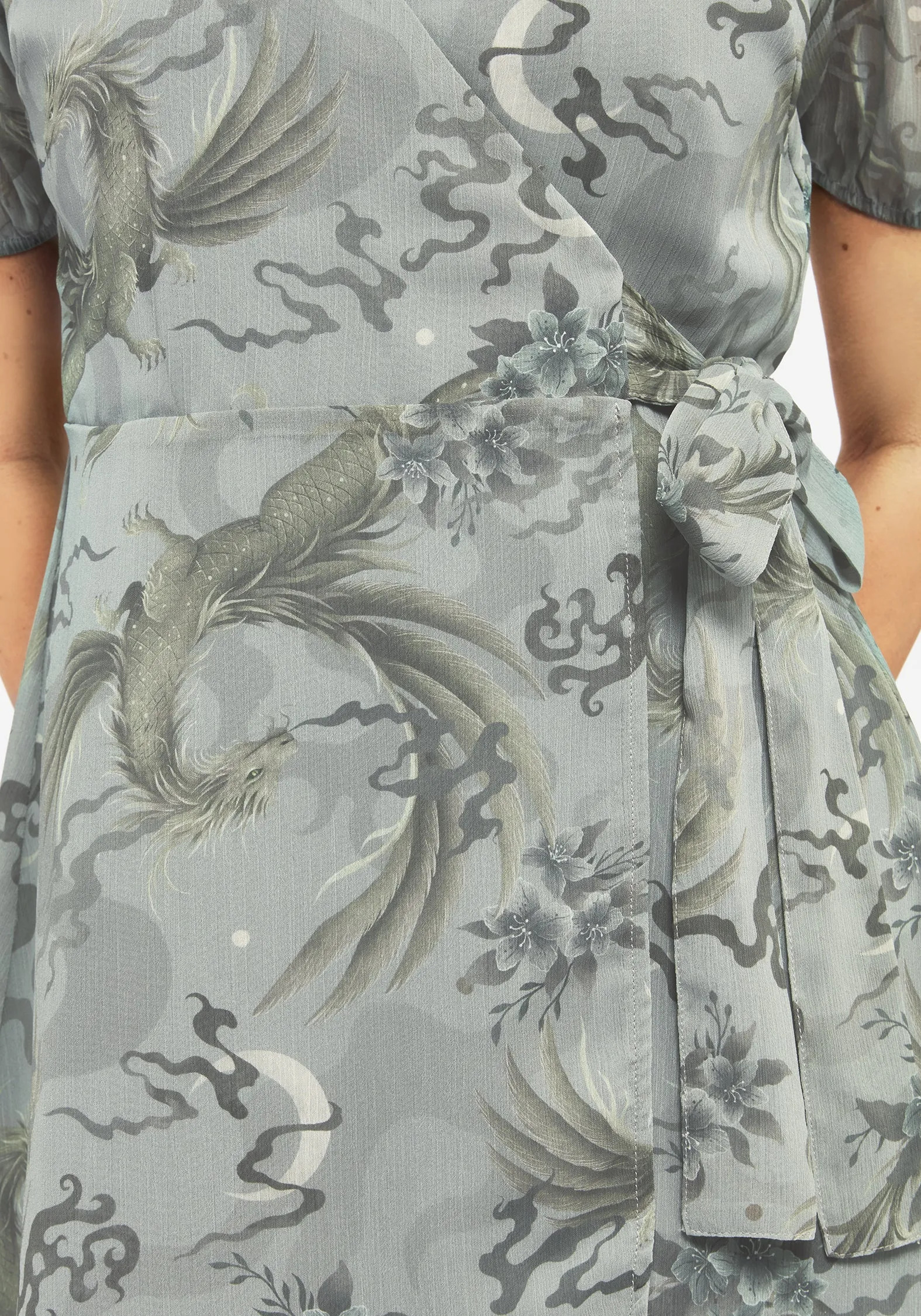slim fit Sapphira Dragon Print Chiffon Mini Wrap Dress