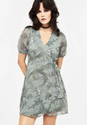 Sapphira Dragon Print Chiffon Mini Wrap Dress Maternity-Fit
