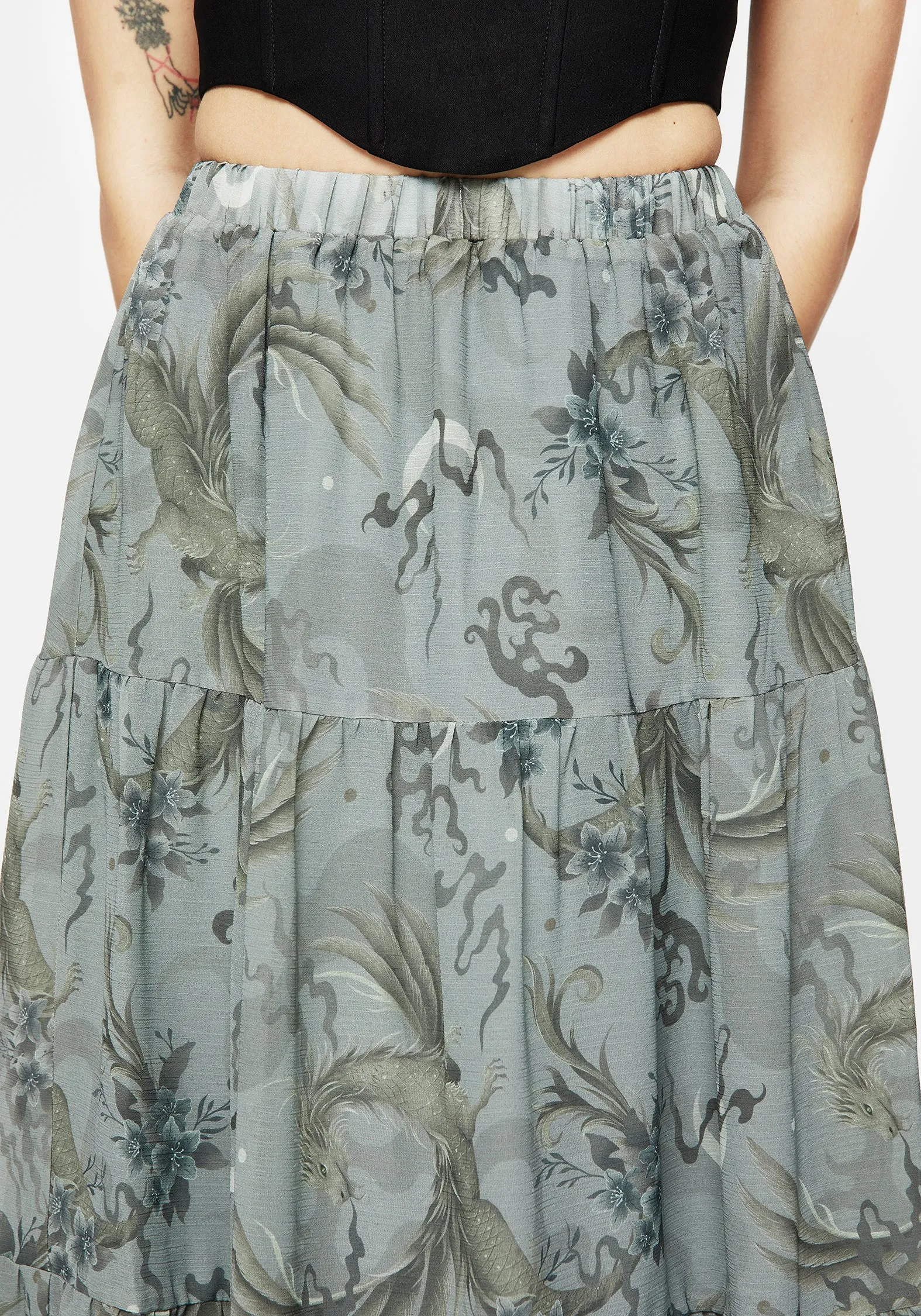Sapphira Dragon Print Chiffon Tiered Maxi Skirt Outfit Focused