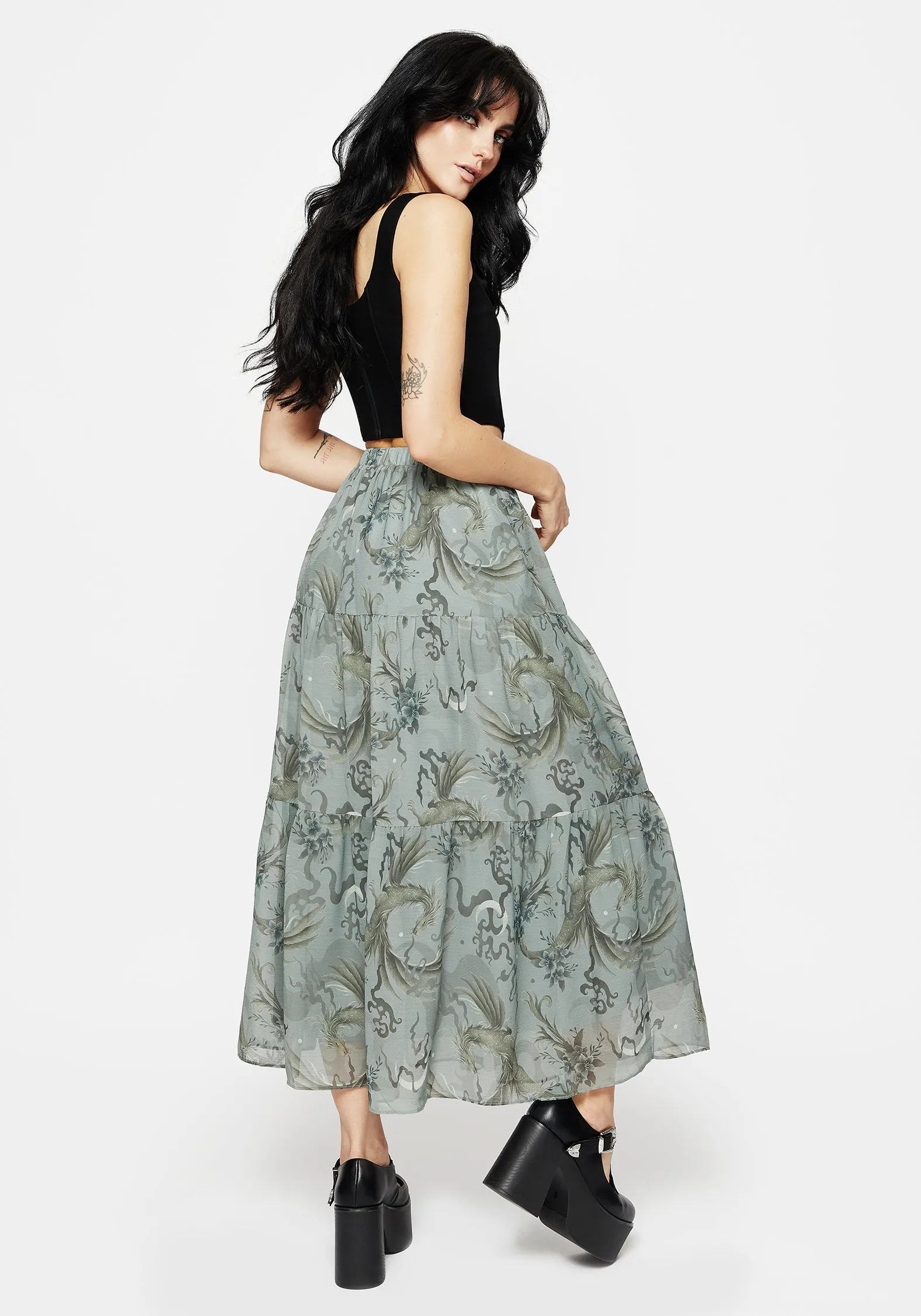 Sapphira Dragon Print Chiffon Tiered Maxi Skirt Diagonal Slit Polka Dot