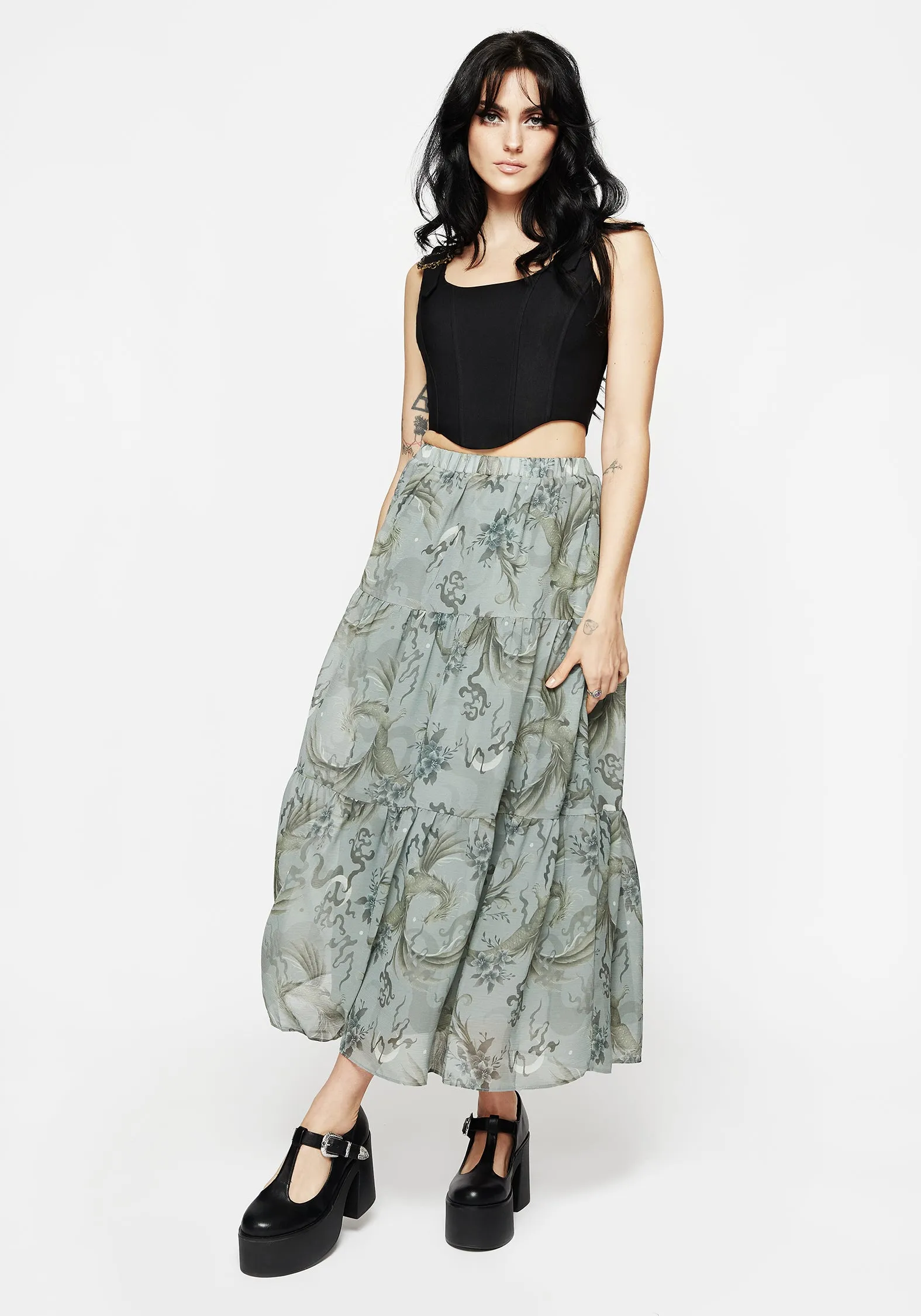 Sapphira Dragon Print Chiffon Tiered Maxi Skirt Roll Up Fasten Street Style