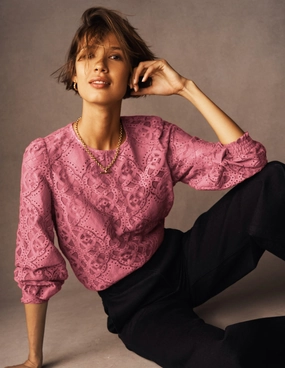 Seam Free Edges Lace Crew Neck Top-Heather Rose Multipurpose Design OrganicCottonBlend