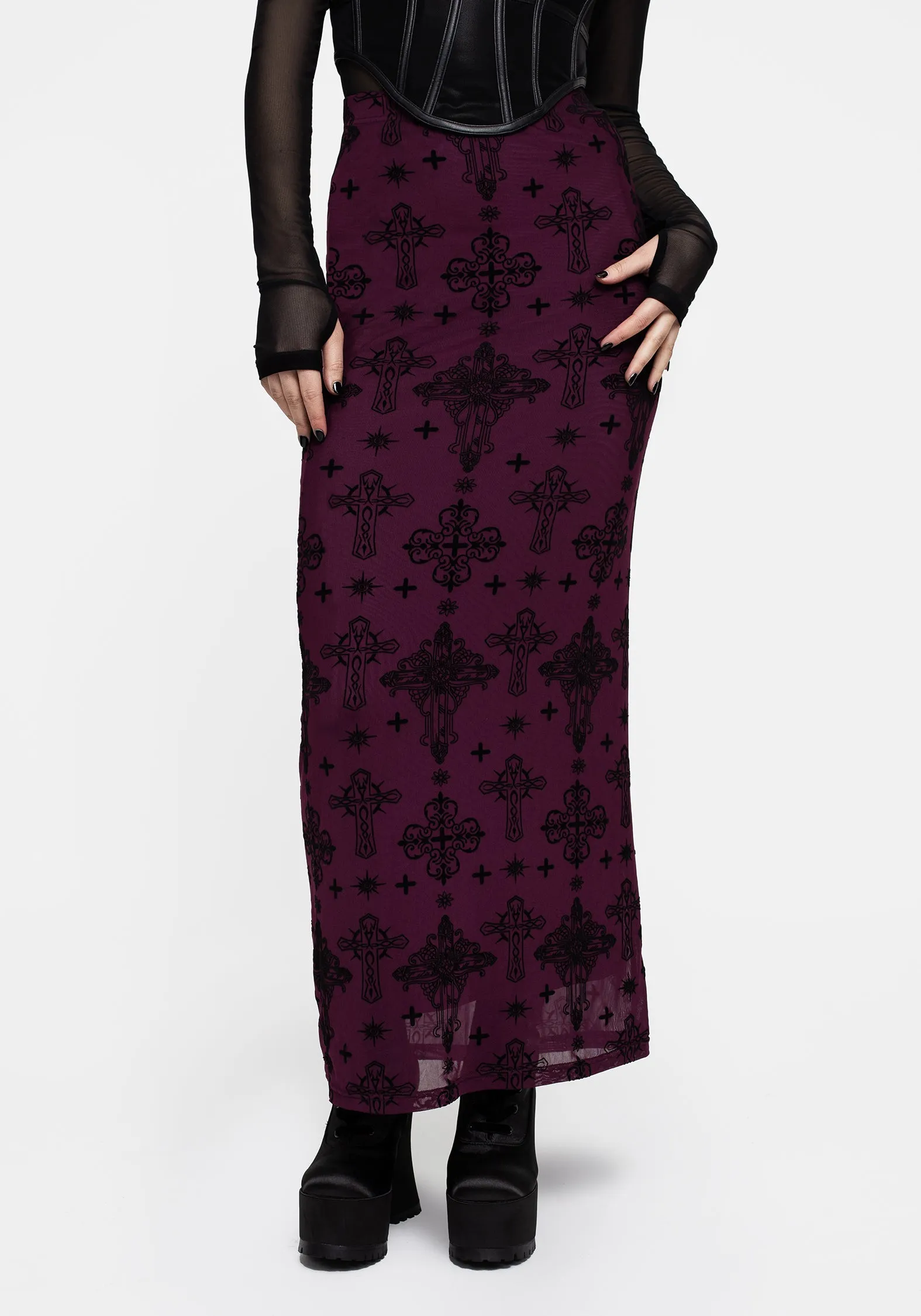 Priestess Flocked Mesh Maxi Skirt - Purple Fashion Detail Shopping Trip