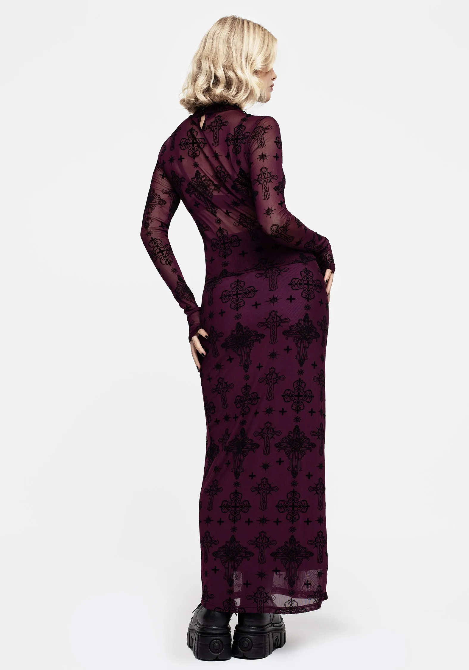 Photography Session Priestess Flocked Mesh Maxi Skirt - Purple