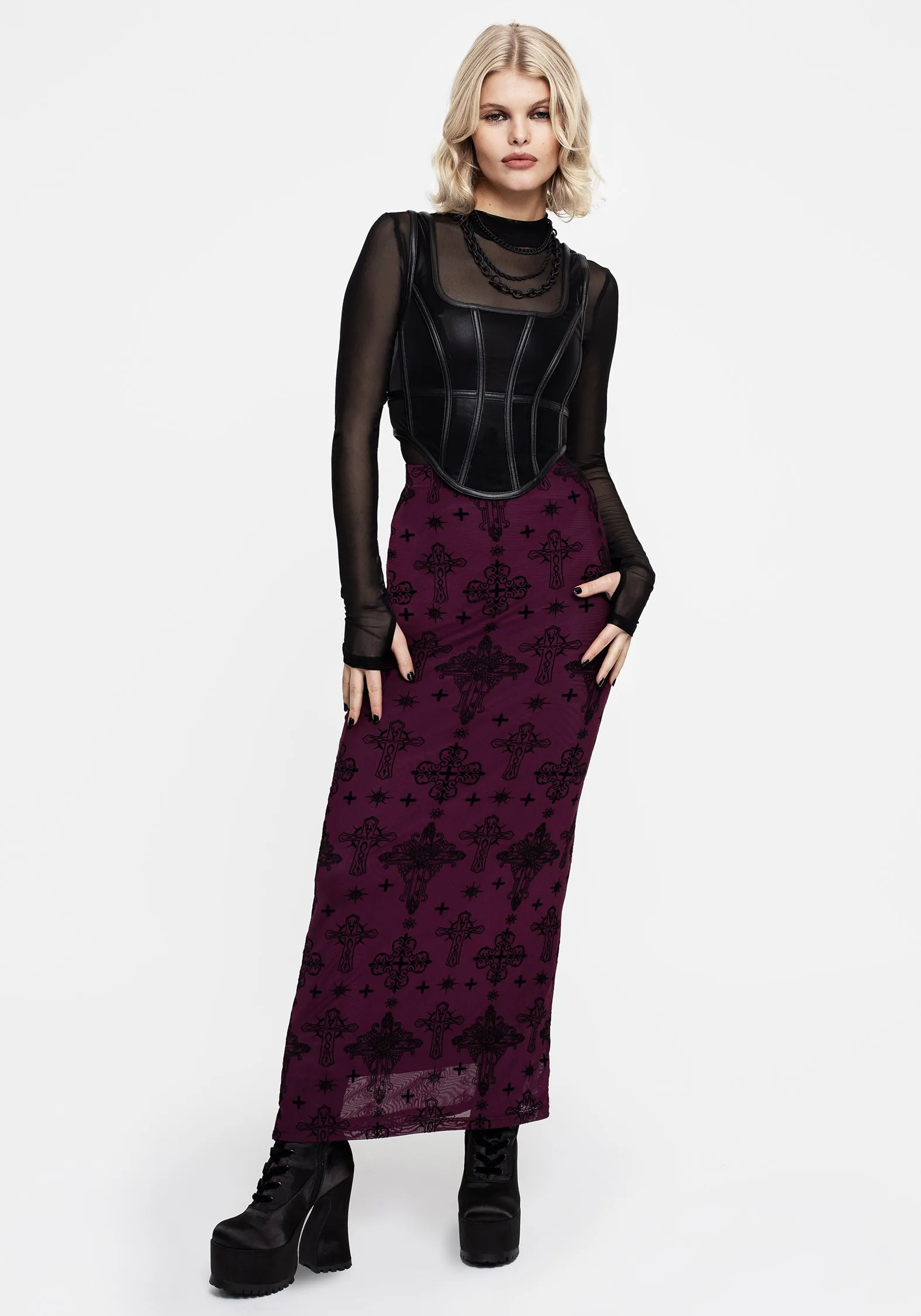 Priestess Flocked Mesh Maxi Skirt - Purple Refined Mood Weekend Favorite