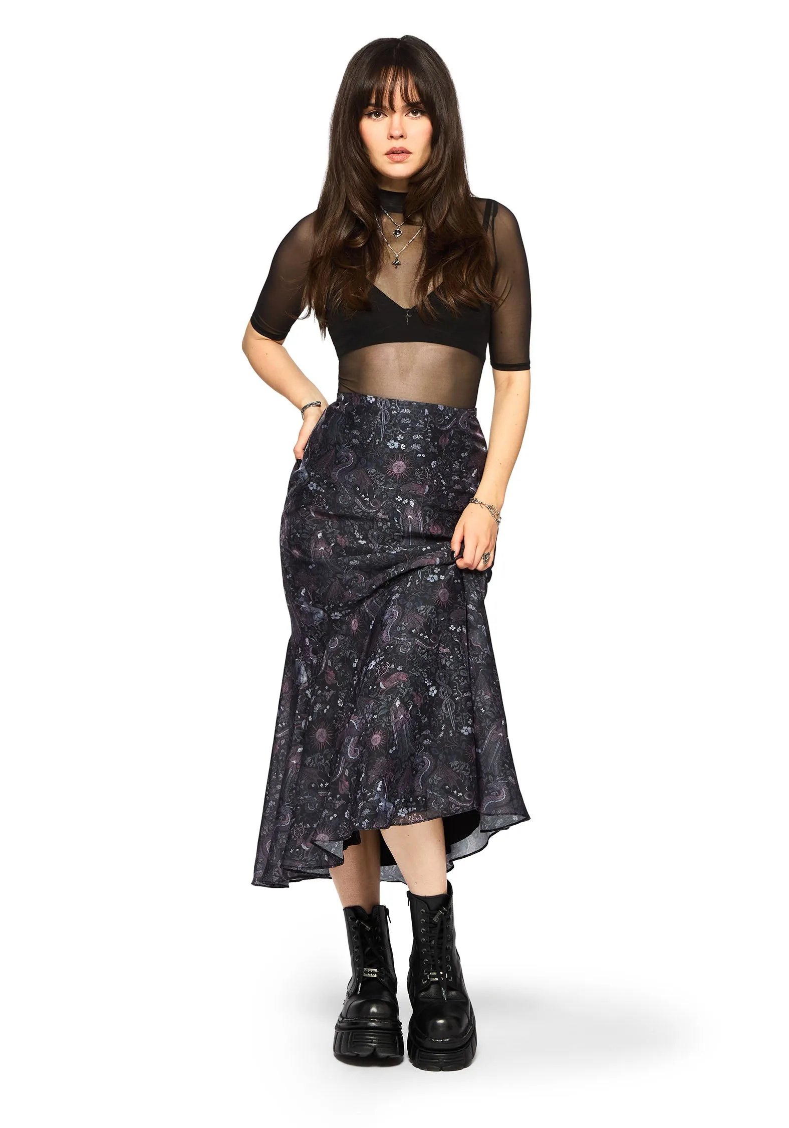 Haunt Medieval Printed Asymmetric Midaxi Skirt Non Slip Waist