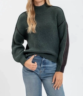 Color Block Mock Neck Exposed Seam Knit Sweater In Hunter Green Chilly Wear Hypoallergenic Fiber