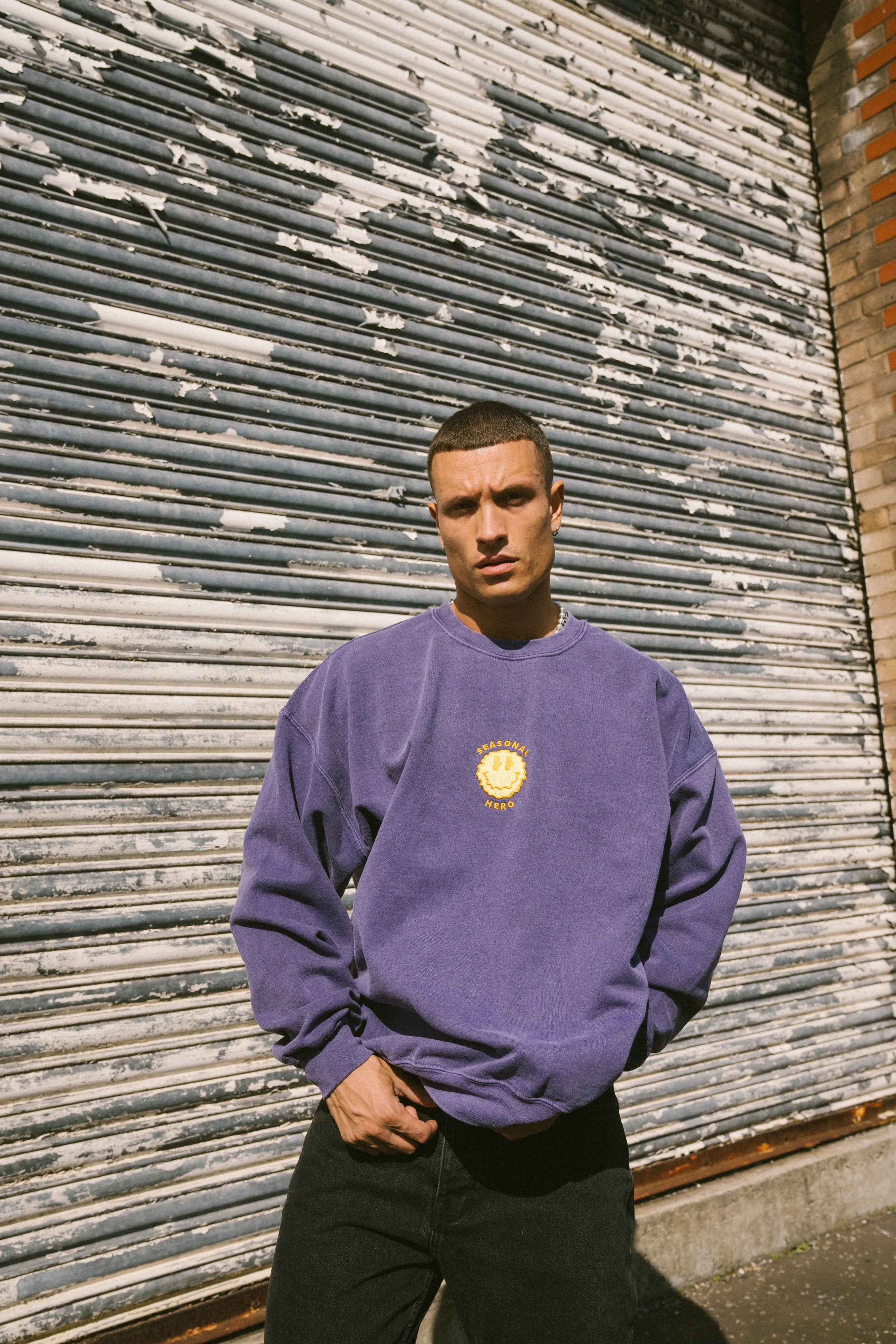 Breathable Material Seasonal Hero 'Trippy Smiler' Embroidered Vintage Washed Sweater - Violet