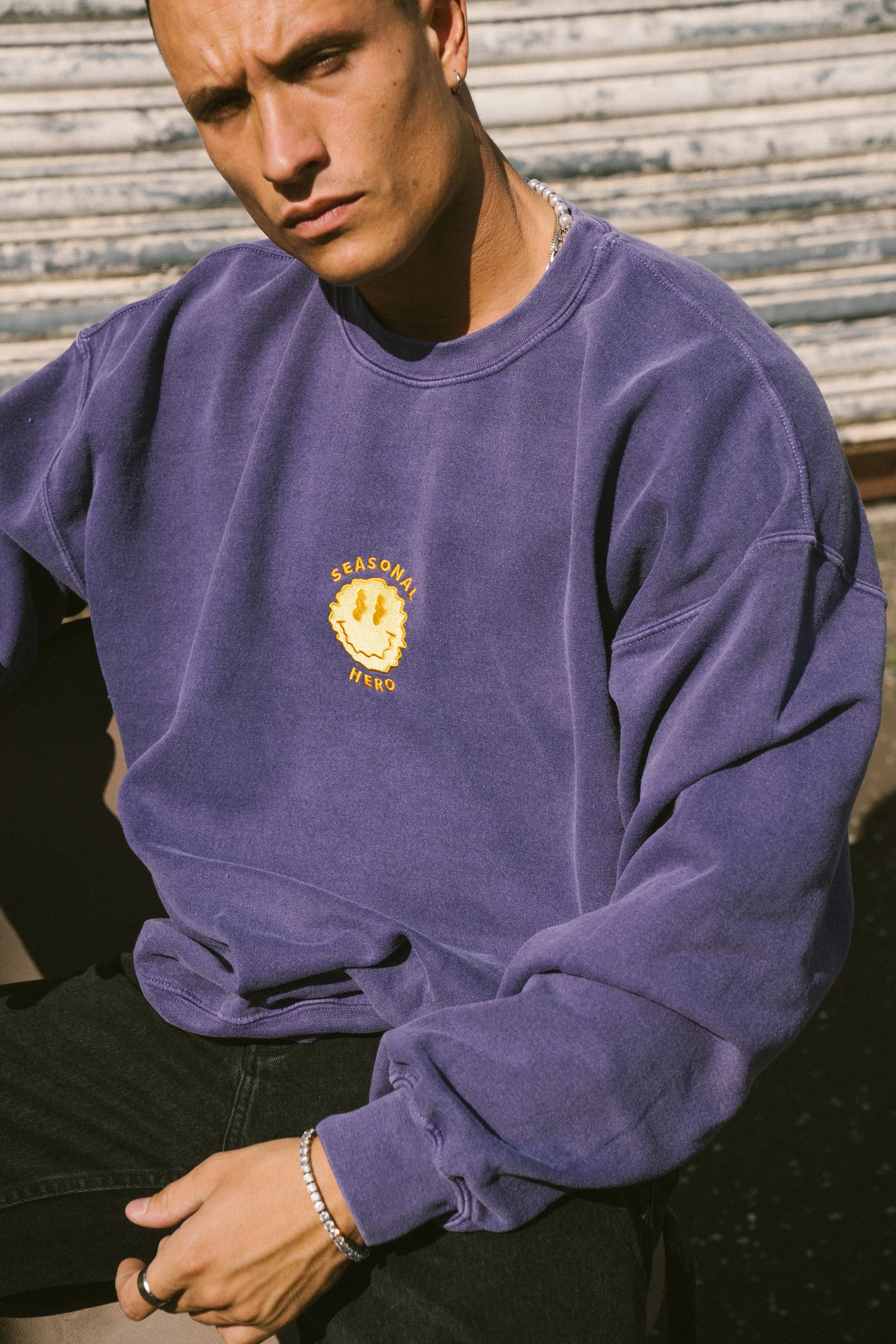 Seasonal Wear Cozy Choice Seasonal Hero 'Trippy Smiler' Embroidered Vintage Washed Sweater - Violet