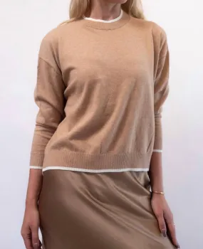 Loose Weave Eloise Long Sleeve Sweater In Camel & White Ice