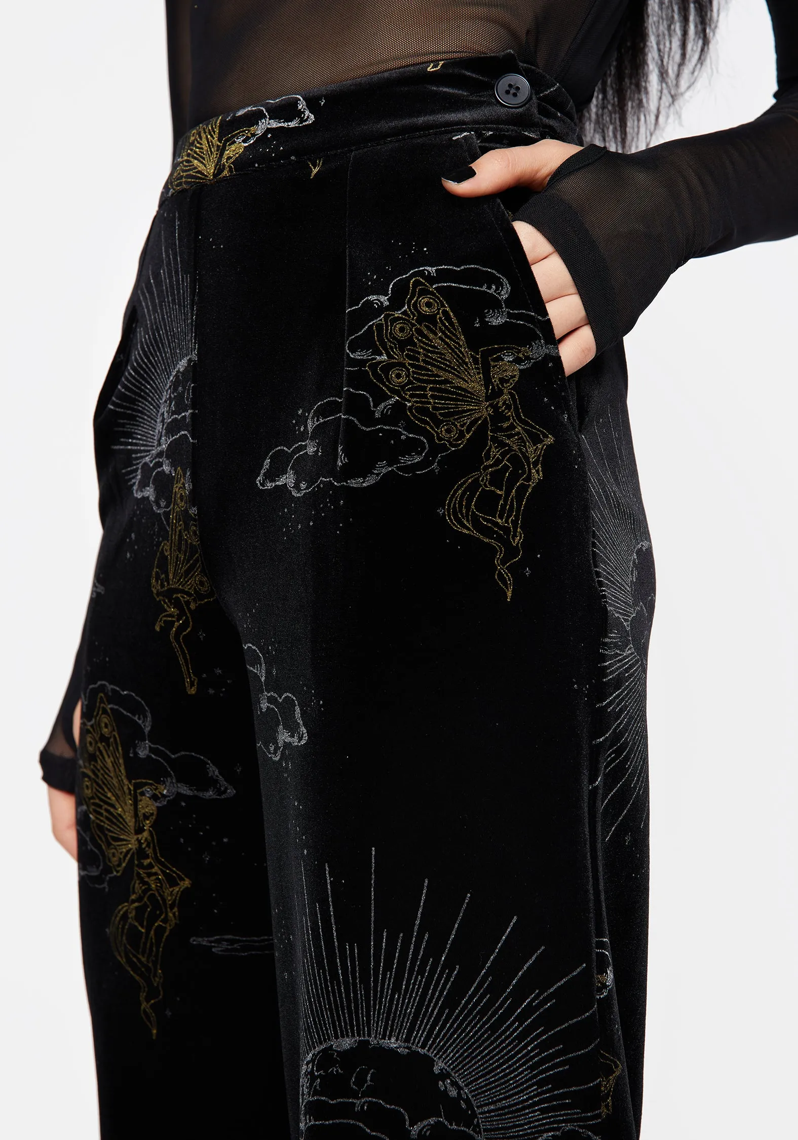 sport chic Feminine Cut Adelina Foil Print Velour Wide Leg Trousers