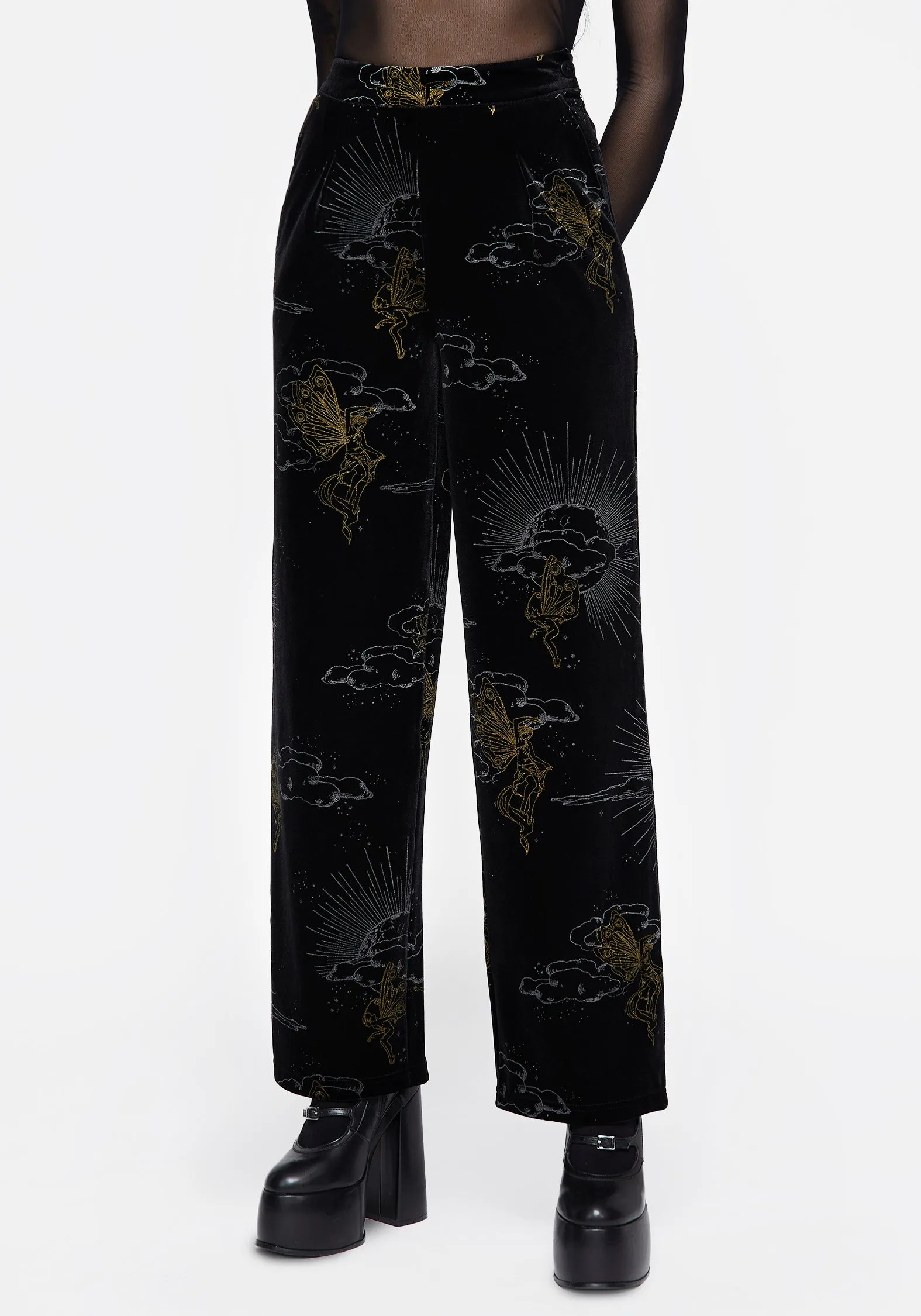 Anti Pilling Treatment Daily Motion Adelina Foil Print Velour Wide Leg Trousers